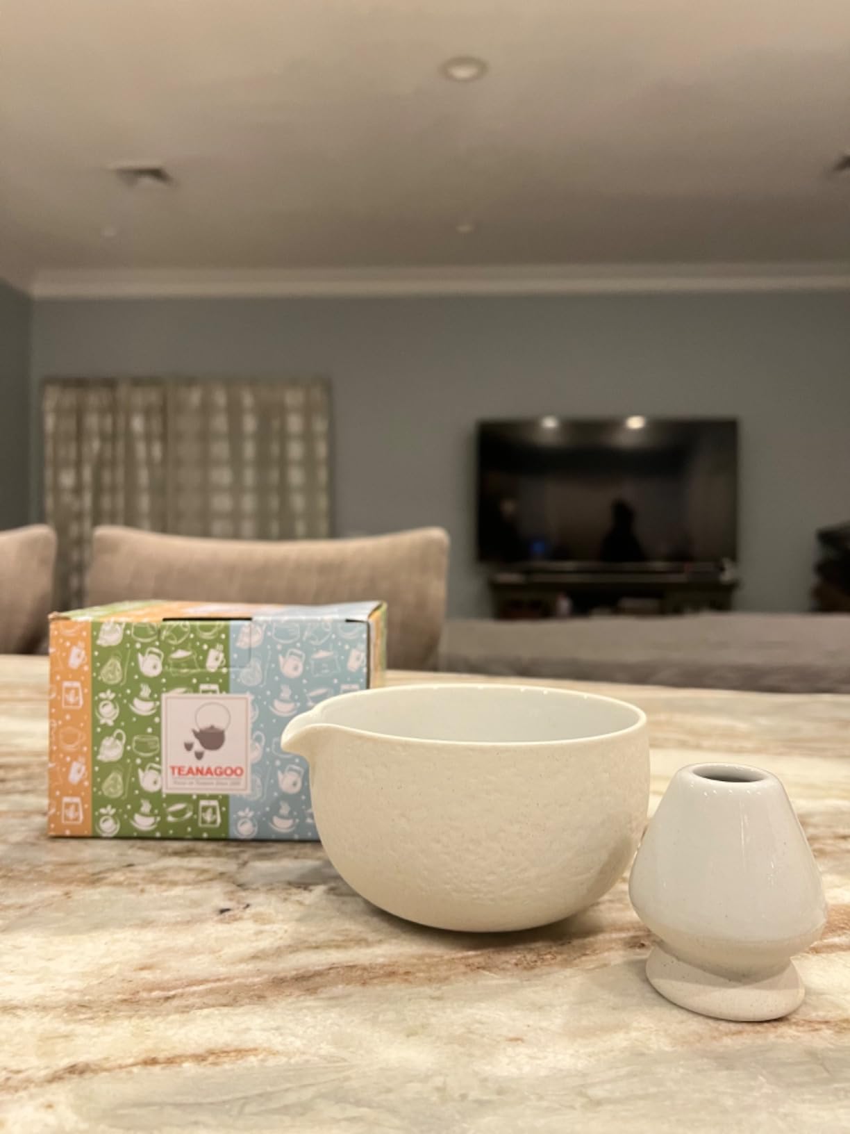 TEANAGOO Matcha Bowl with Spout, 2-PCS Ceramic Matcha Bowl and Whisk Holder (Chawan), 18 OZ/510ML White Bowl with Stand, Green Tea Traditional Ceremonial Accessories, Gift Set customer photo 1