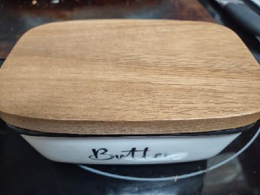 Butter Dish with Lid, ALELION Large Ceramic Butter Dish for Countertop, Butter Keeper with Thick Acacia Wood Lid, Kitchen Decor and Accessories for Kitchen Gifts, White customer photo 2