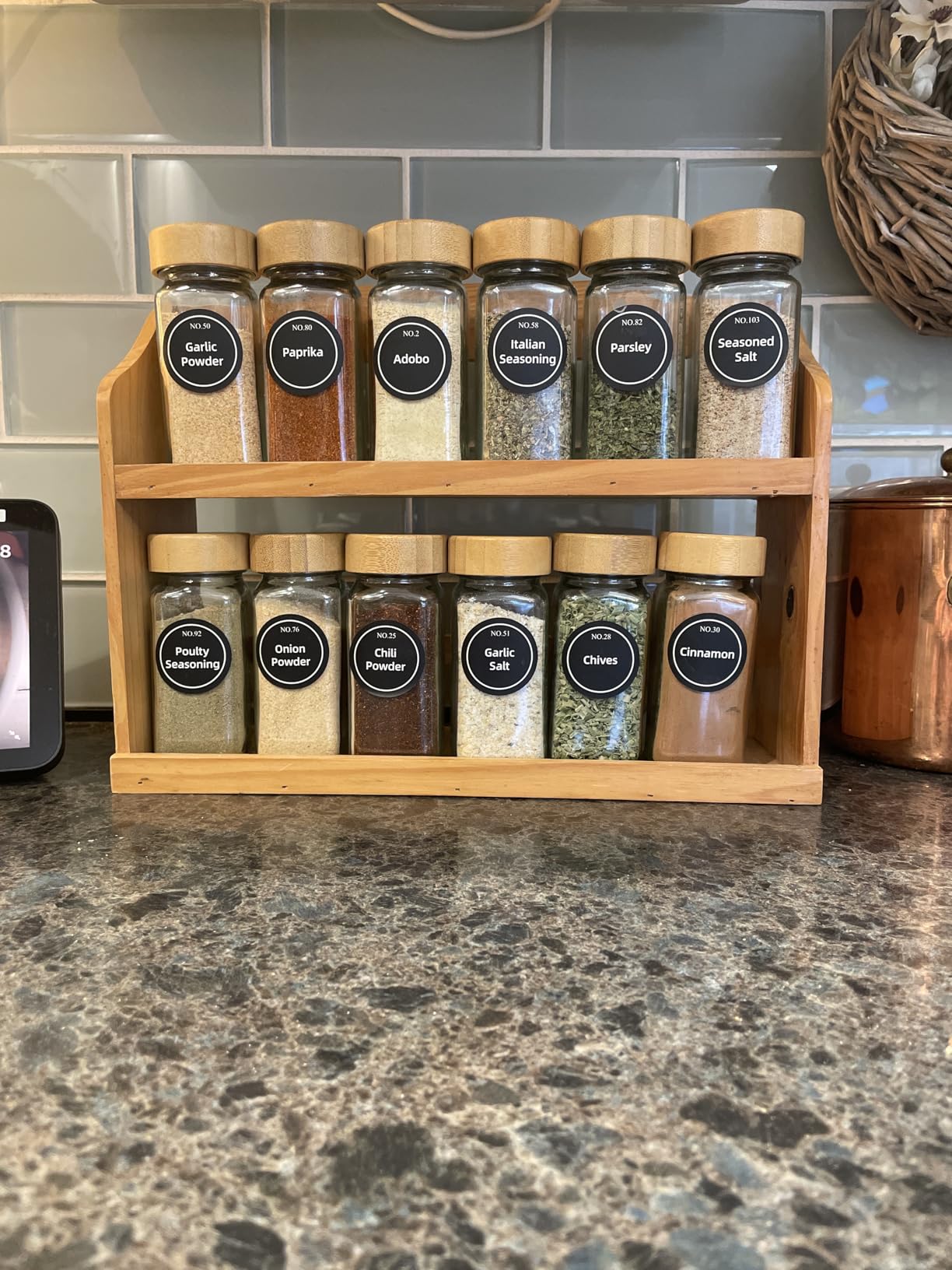 NETANY 24 Pcs Glass Spice Jars with Bamboo Lids, 4 oz Glass Jars with Minimalist Farmhouse Spice Labels Stickers, Collapsible Funnel, Seasoning Storage Bottles for Spice Rack, Cabinet, Drawer customer photo 1