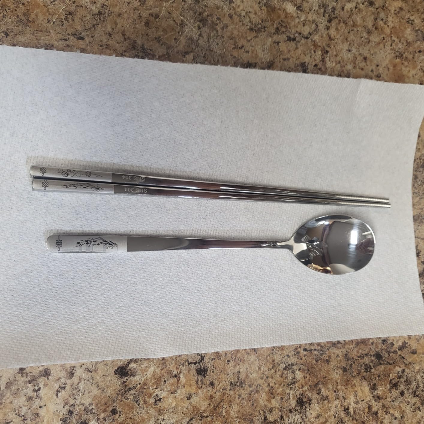 Reusable Chopstick and Spoon Set, Korean Long Handle Stainless Steel Spoon and Chopsticks Set, Dishwasher Safe Metal Chop sticks, Set of 3 (Multi-patterned) customer photo 1