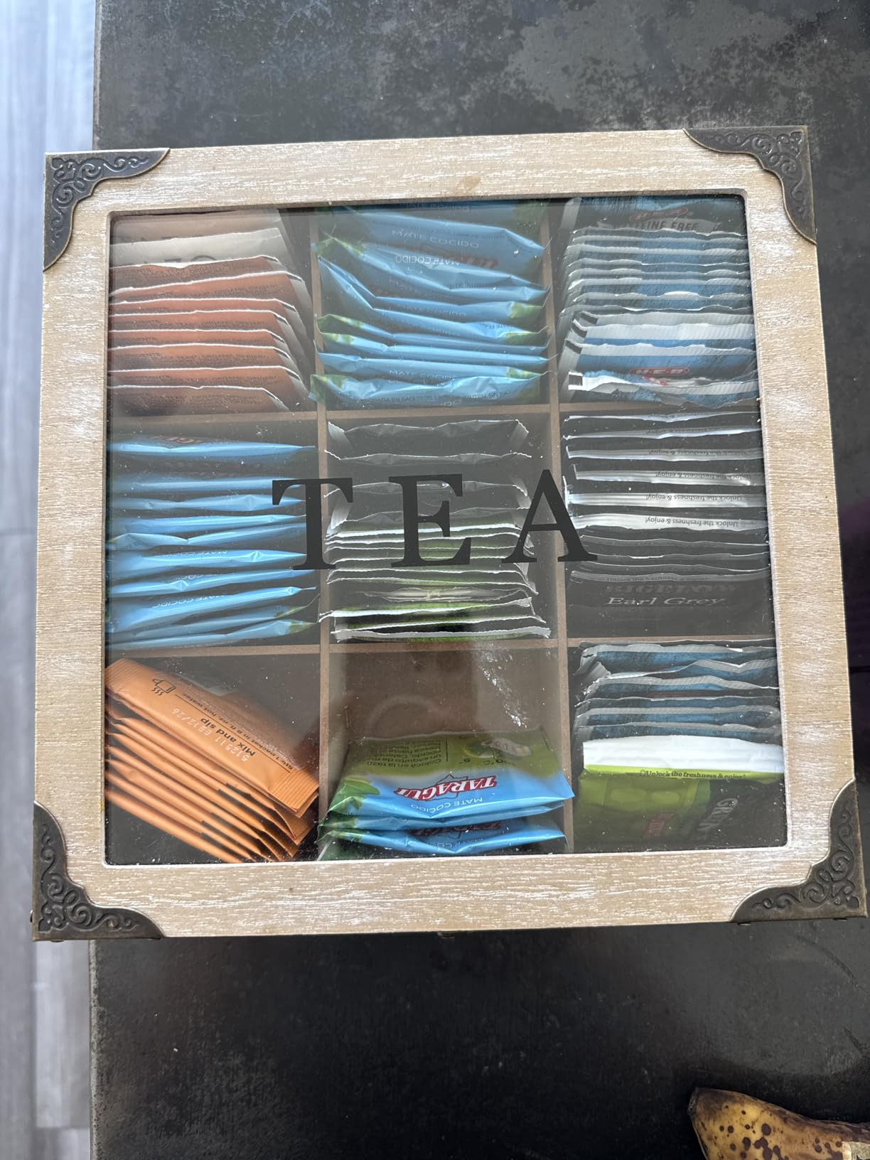 MOLIGOU Wood Tea Box Organizer, Tea Storage Chest with Glass Lid, 9 Compartments, Tea Bag Holder for Cabinet, Pantry customer photo 2