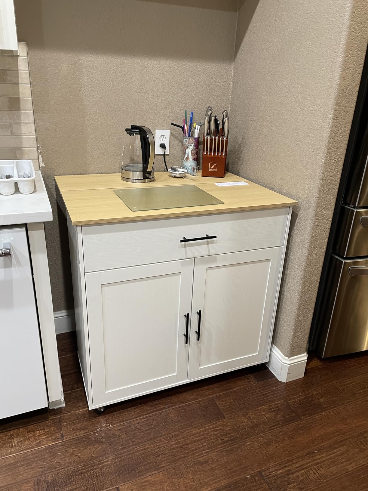IRONCK Kitchen Island with Storage, Rolling Kitchen Island on Wheels with Drop Leaf, Charging Station, 3 Open Spice Rack, Cabinet, Drawer, Kitchen Cart Island Table for Kitchen, Black customer photo 1
