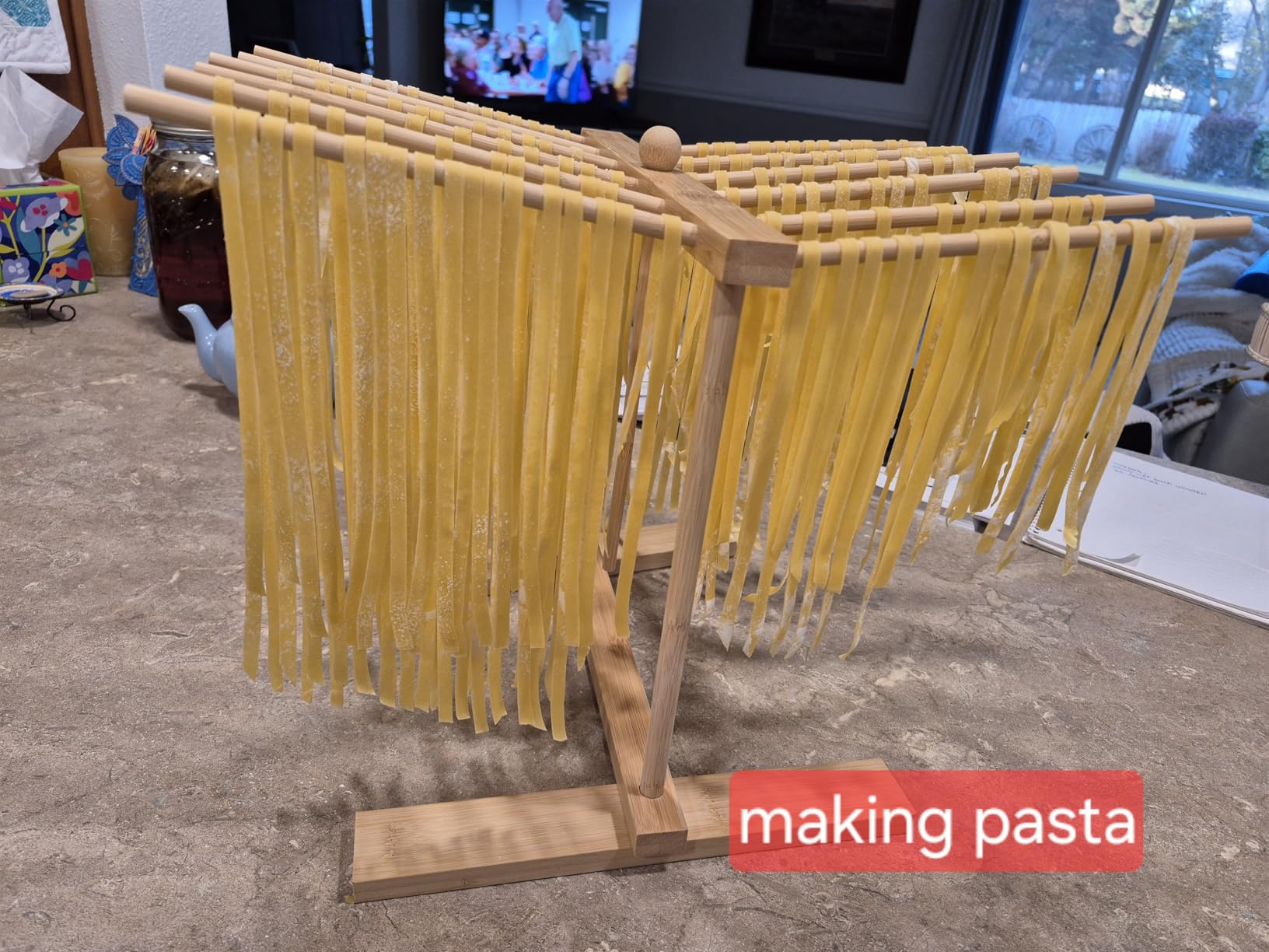 Bamboo Pasta Drying Rack with Transfer Wand and 12 Bars, Easy to Transfer for Drying Pasta and Cooking, Special Suspension Design for Large Storage customer photo 1