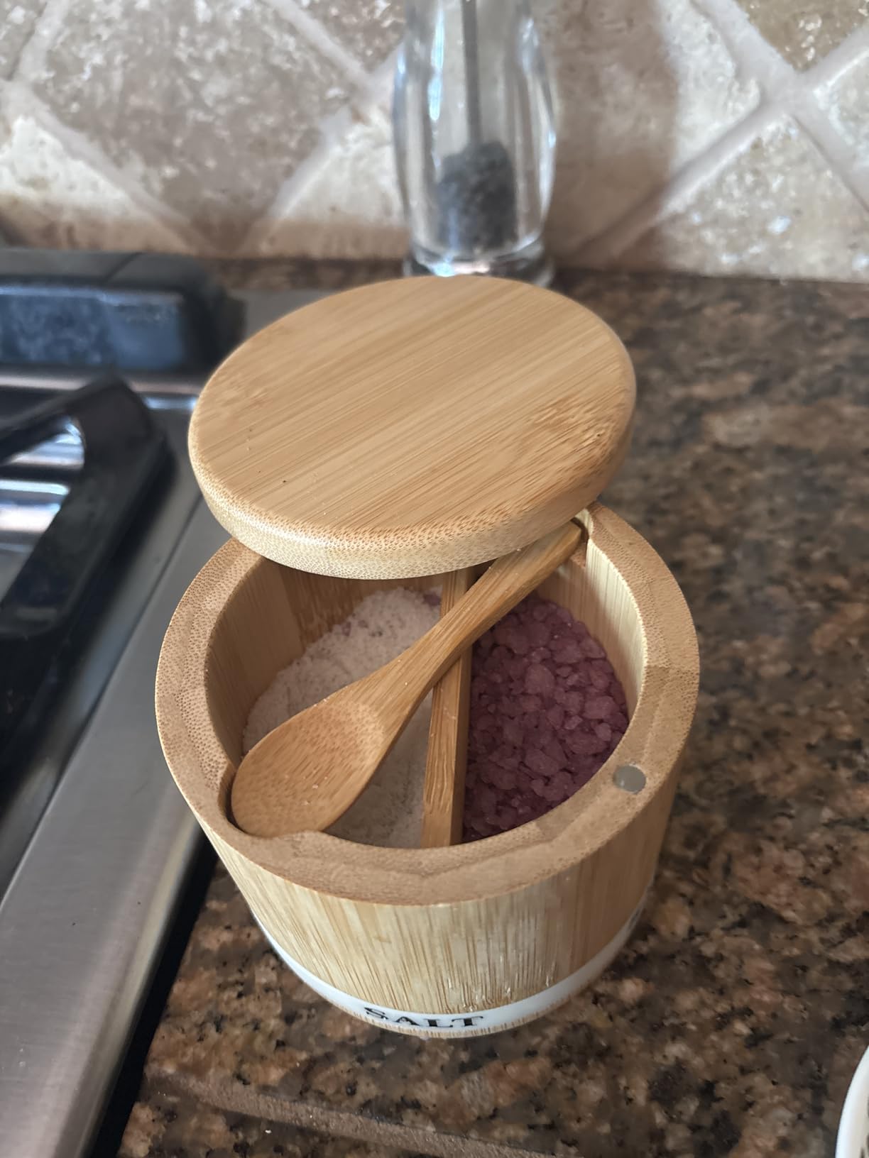Salt Box Bamboo Salt Container with Swivel Lid with Magnetic to Easily Open and Seal Salt Cellar With Spoon for Storing Salt Pepper Sugar Herbs Small Spice Box customer photo 1