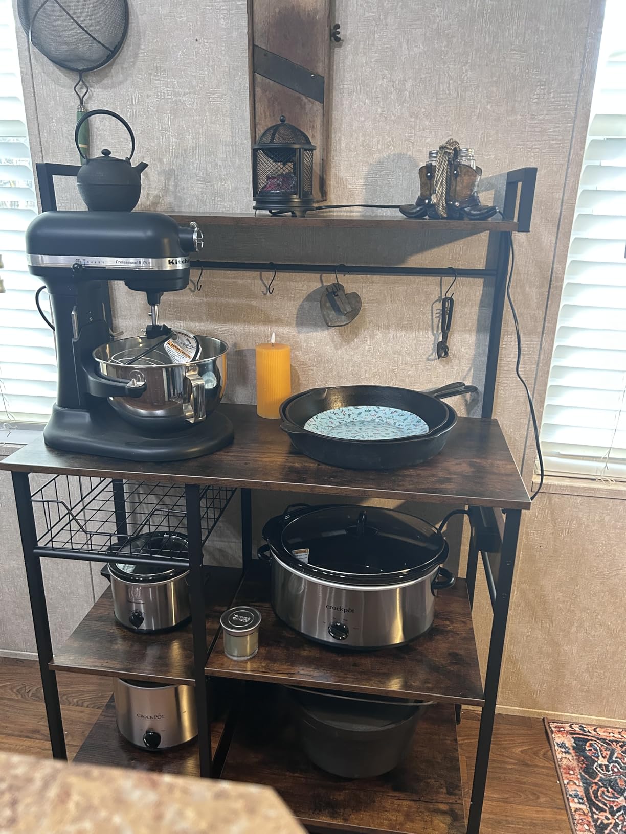 HOOBRO Bakers Rack with Power Outlet, 35.4 Inches Coffee Bar with Mesh Basket, Microwave Stand with 4 S-Shaped Hooks, Kitchen Bakers Rack with Storage, Easy to Assemble, Rustic Brown BF05HB01 customer photo 2