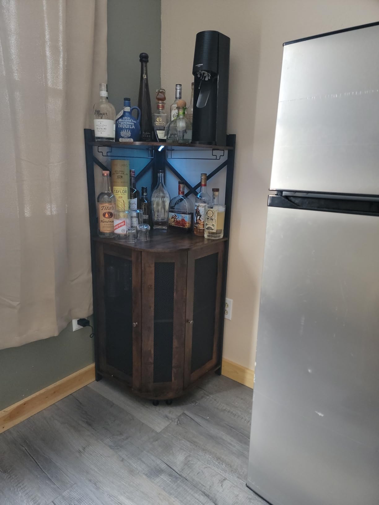 JKsmart Corner Bar Cabinet with LED Lights,Industrial Wine Cabinet with Glass Holder,4-Tier Wine Cabinet with Door and Shelf,Farmhouse Home Bar for Liquor Wine Coffee Storage,Rustic Brown customer photo 1