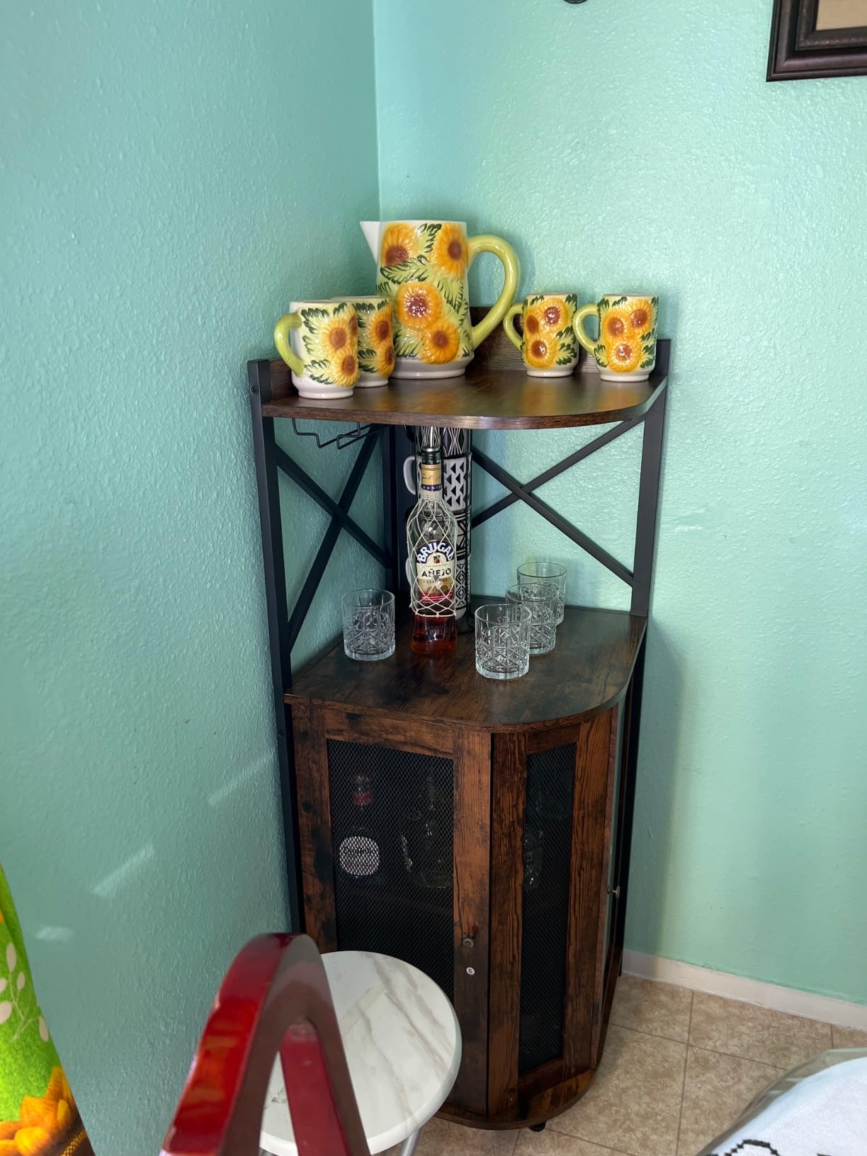 JKsmart Corner Bar Cabinet with LED Lights,Industrial Wine Cabinet with Glass Holder,4-Tier Wine Cabinet with Door and Shelf,Farmhouse Home Bar for Liquor Wine Coffee Storage,Rustic Brown customer photo 2