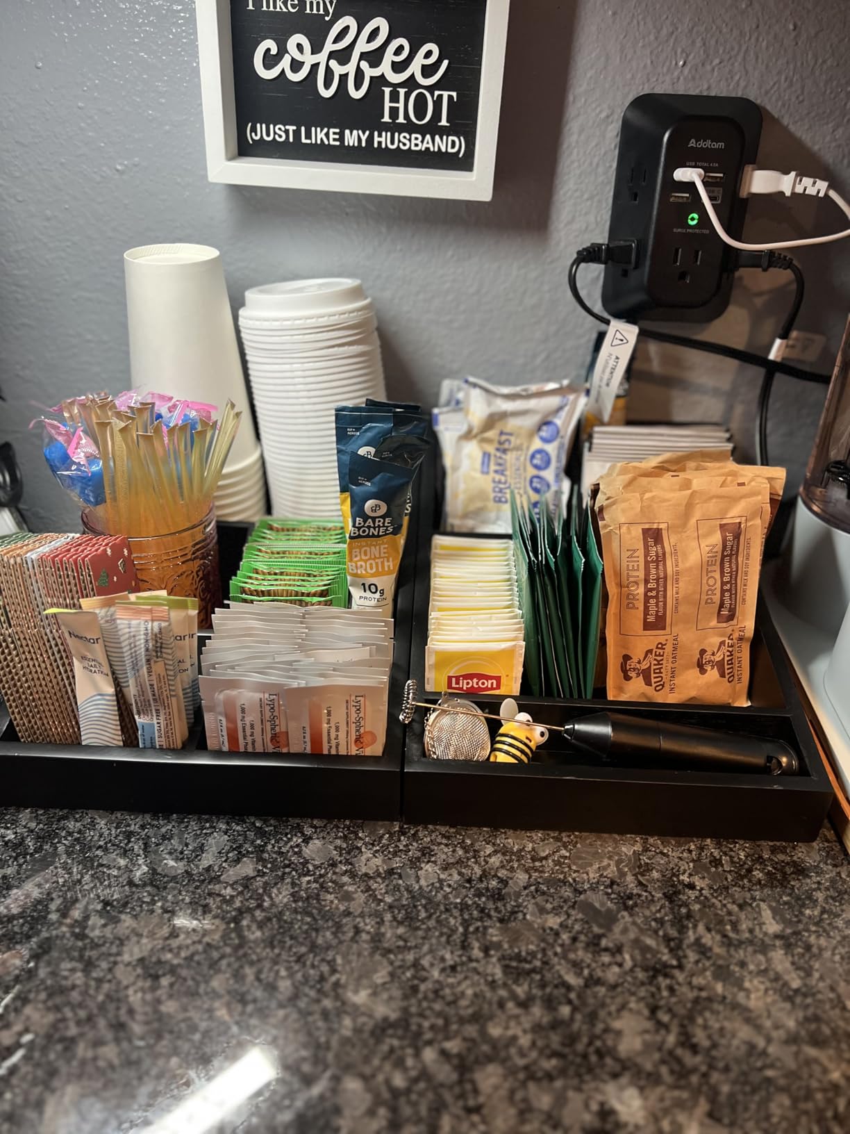 Coffee Station Organizer for Countertop, Condiment Service Organizer, Coffee Bar Supplies Caddy for Home, Office and Breakroom - Wooden, Black, 9 Compartment, Two-in-One customer photo 2