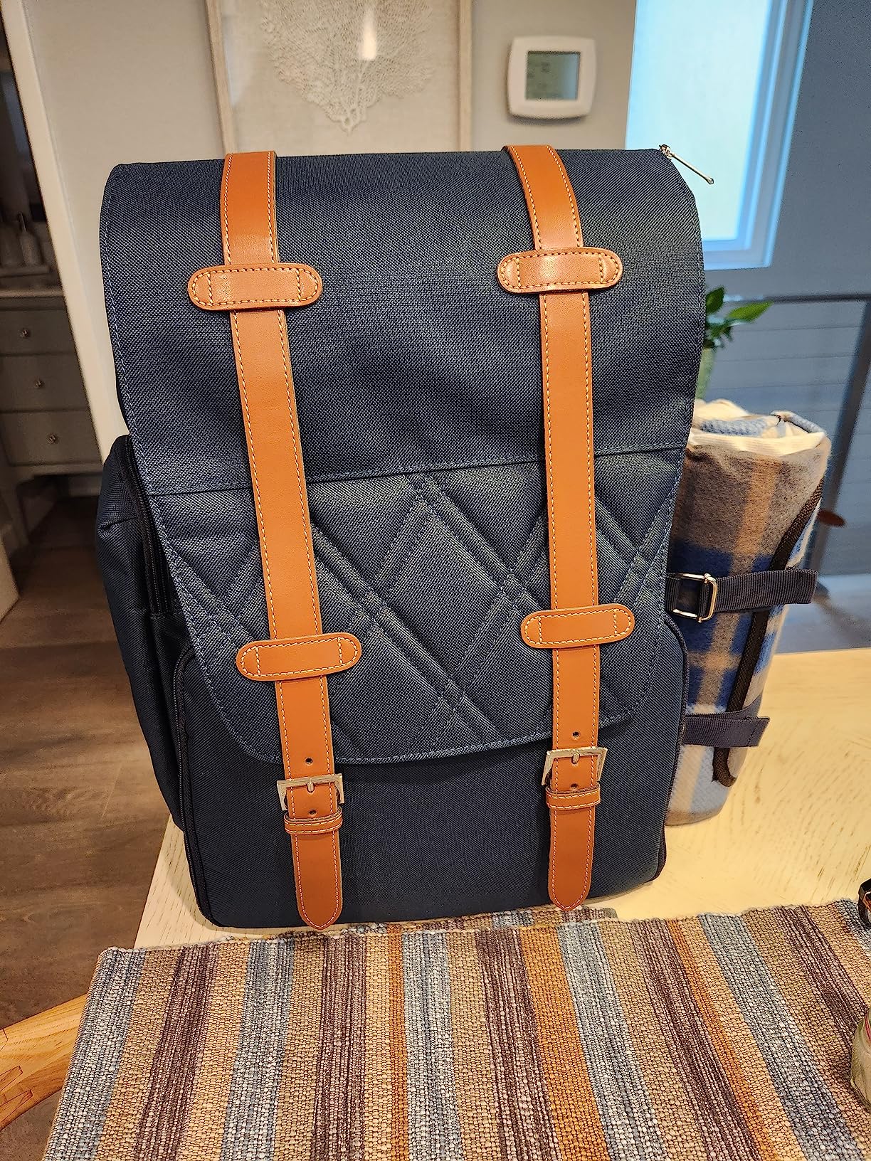 Picnic Backpack for 4 Person with Large Insulated Cooler Bag, Picnic Basket Set with Wine Pouch, Waterproof Picnic Blanket & Cutlery Set. Perfect for, Camping, Party,Wedding Gift for Couple,Blue customer photo 1