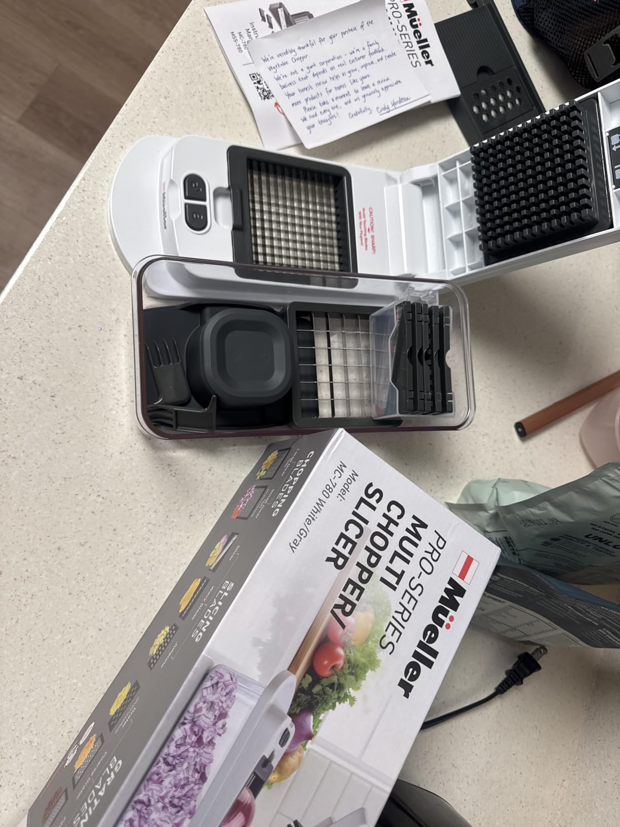 Mueller Pro-Series All-in-One, 12 Blade Mandoline Slicer for Kitchen, Food Chopper, Vegetable Slicer and Spiralizer, Cutter, Dicer, Grater, Kitchen Gadgets Sets with Container, White Sand/Gray customer photo 1