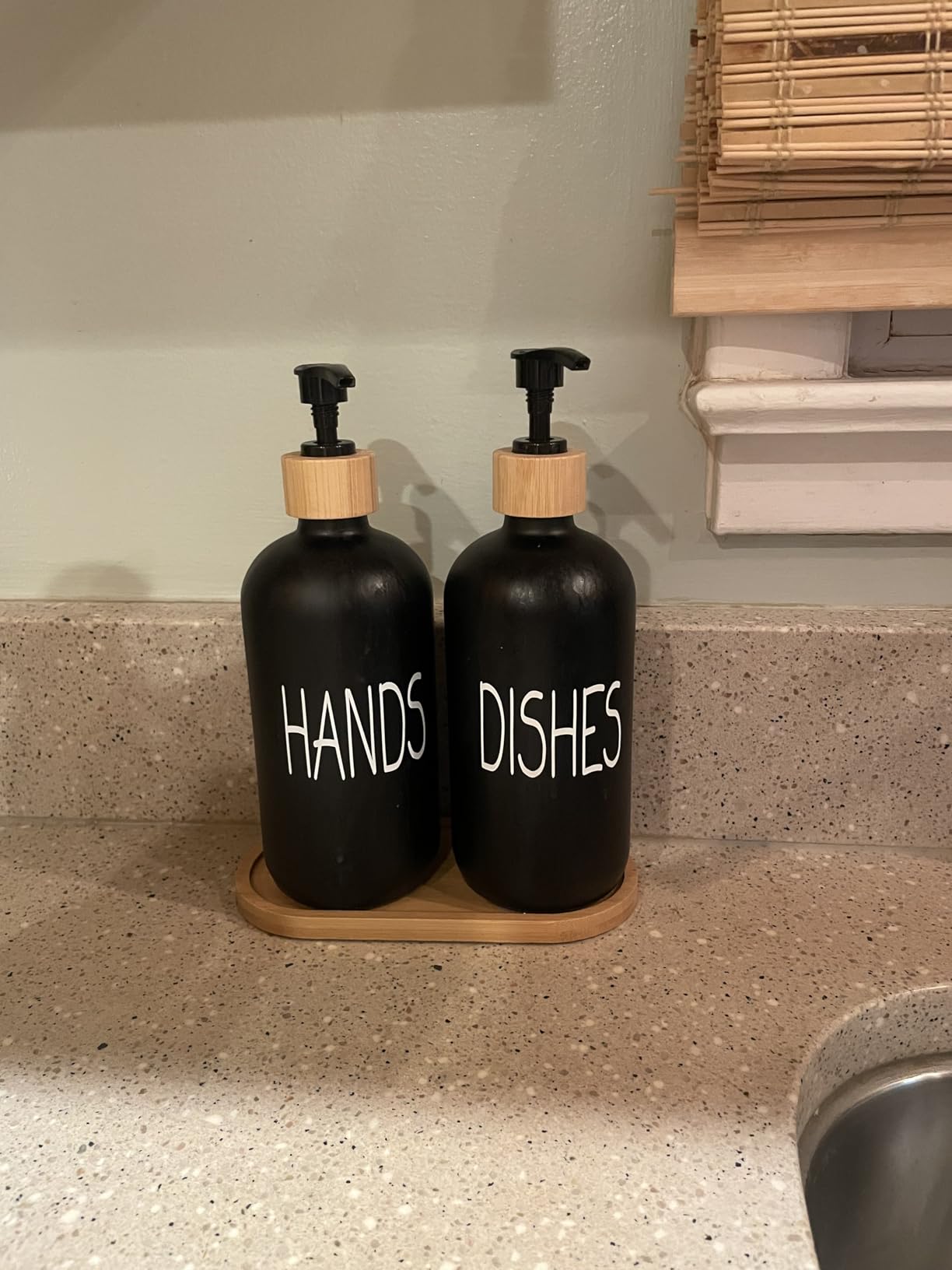 Glass Soap Dispenser Set. Hand and Dish with Bamboo Tray. Vintage Pump for Kitchen Drain Outlet Bathroom. Stylish Permanent Labels (Matte Black) customer photo 1
