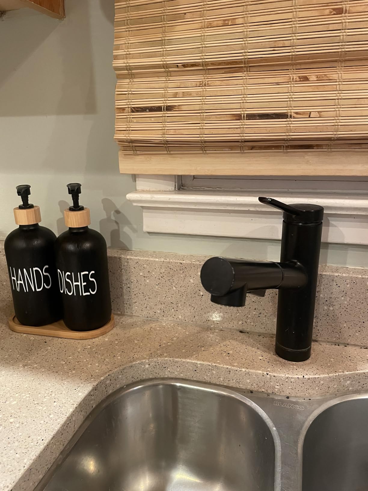 Glass Soap Dispenser Set. Hand and Dish with Bamboo Tray. Vintage Pump for Kitchen Drain Outlet Bathroom. Stylish Permanent Labels (Matte Black) customer photo 2