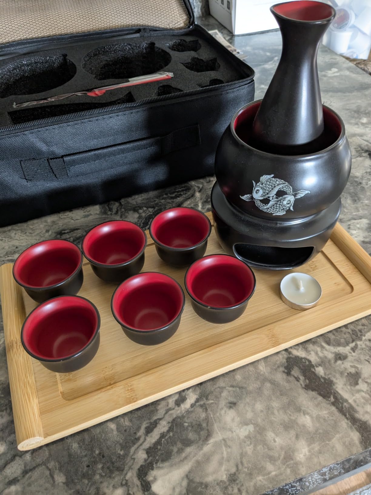 Japanese Sake Set with Warmer | 11 pc | 6 sake cups only | non electric sake warmer | sake bottle | candles | lighter | bamboo sake flight tray for sake cup set | bomb gift kit for chinese sake set customer photo 2
