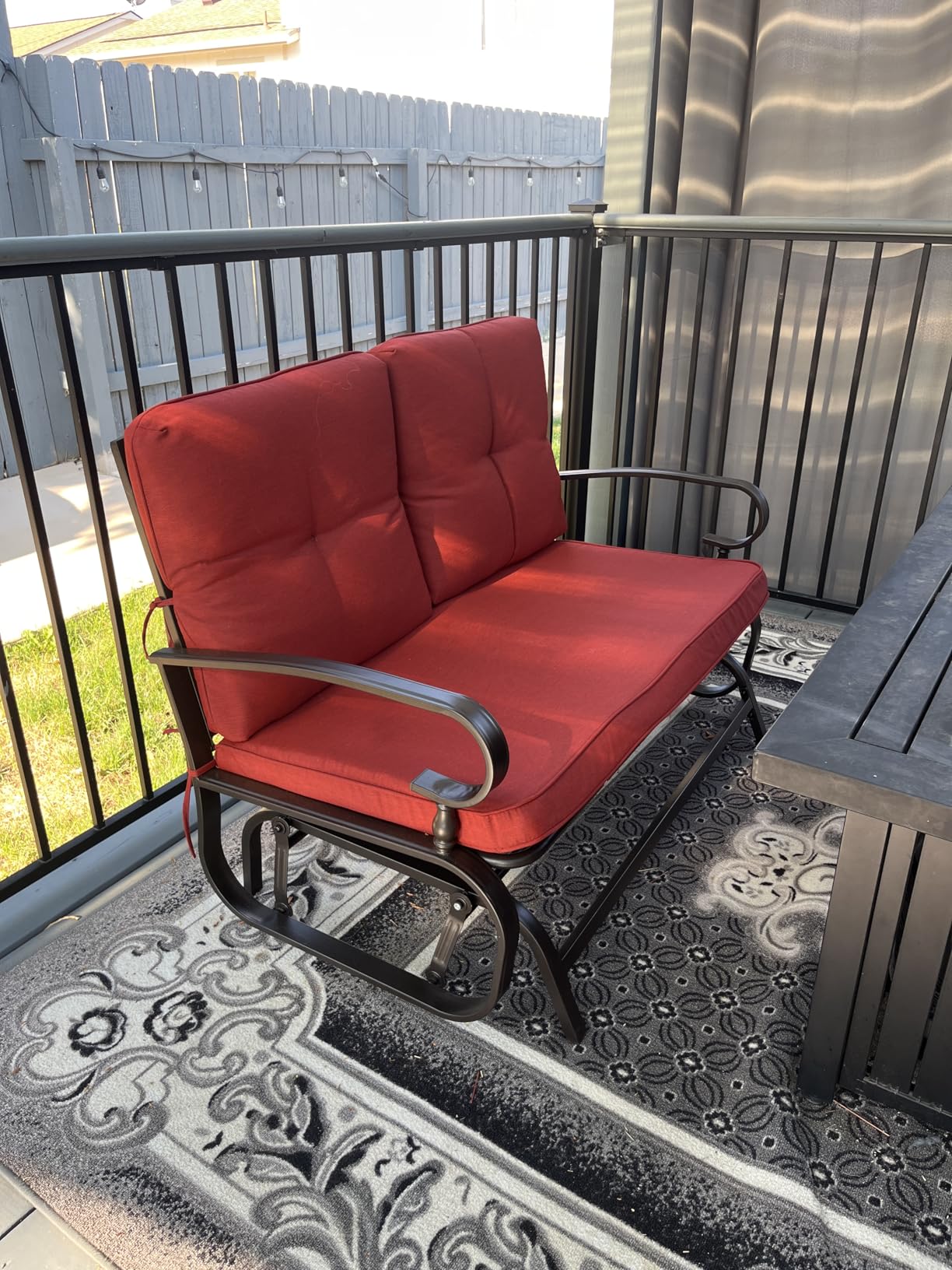 Crownland Outdoor Patio Glider Chair, Rocking Glider Bench for 2 Person, Porch Furniture Loveseat Seating, Wrought Iron Patio Textilene Gliders for Outside, Porch, Garden(Classic Red) customer photo 1