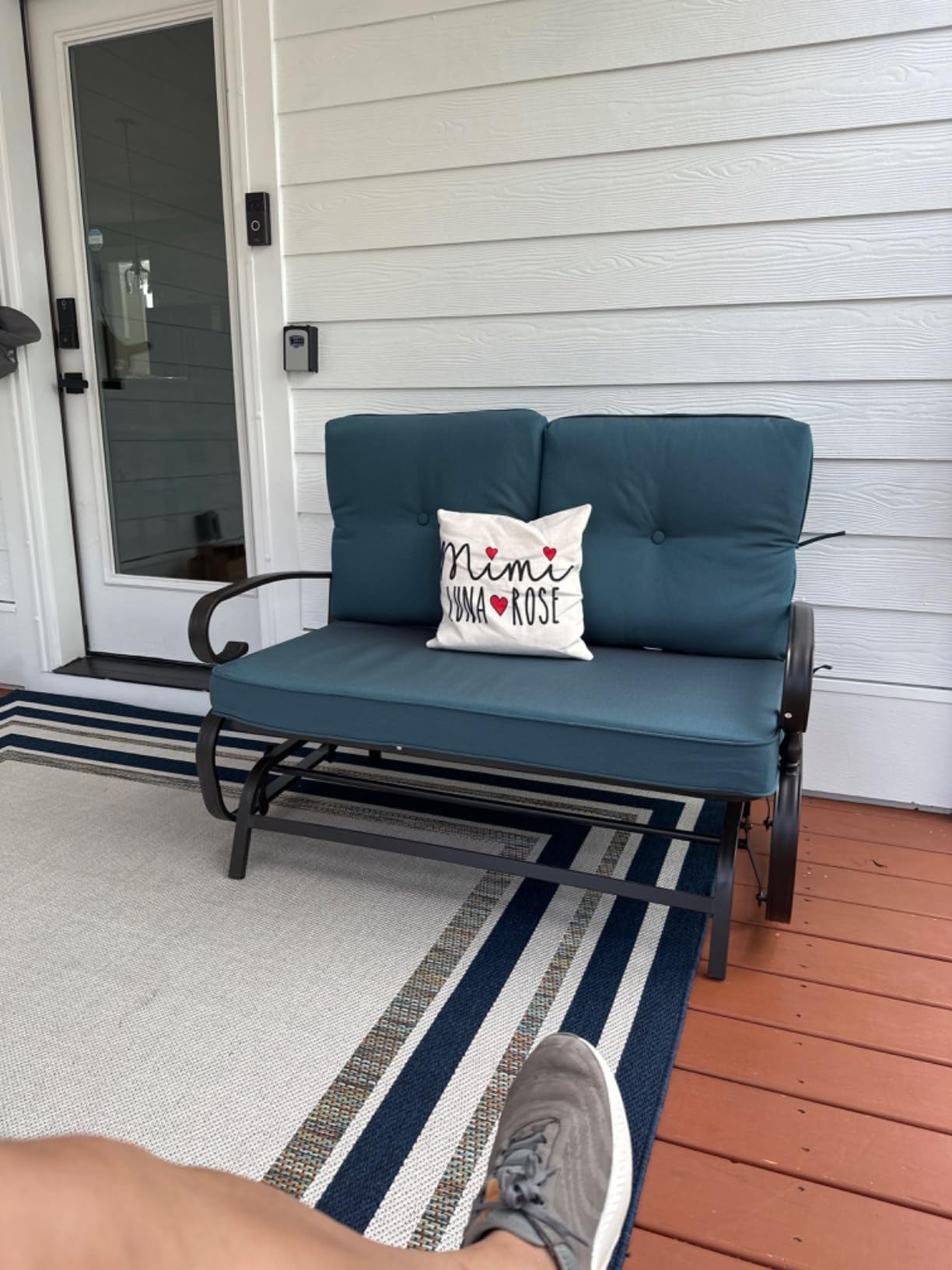 Crownland Outdoor Patio Glider Chair, Rocking Glider Bench for 2 Person, Porch Furniture Loveseat Seating, Wrought Iron Patio Textilene Gliders for Outside, Porch, Garden(Classic Red) customer photo 2
