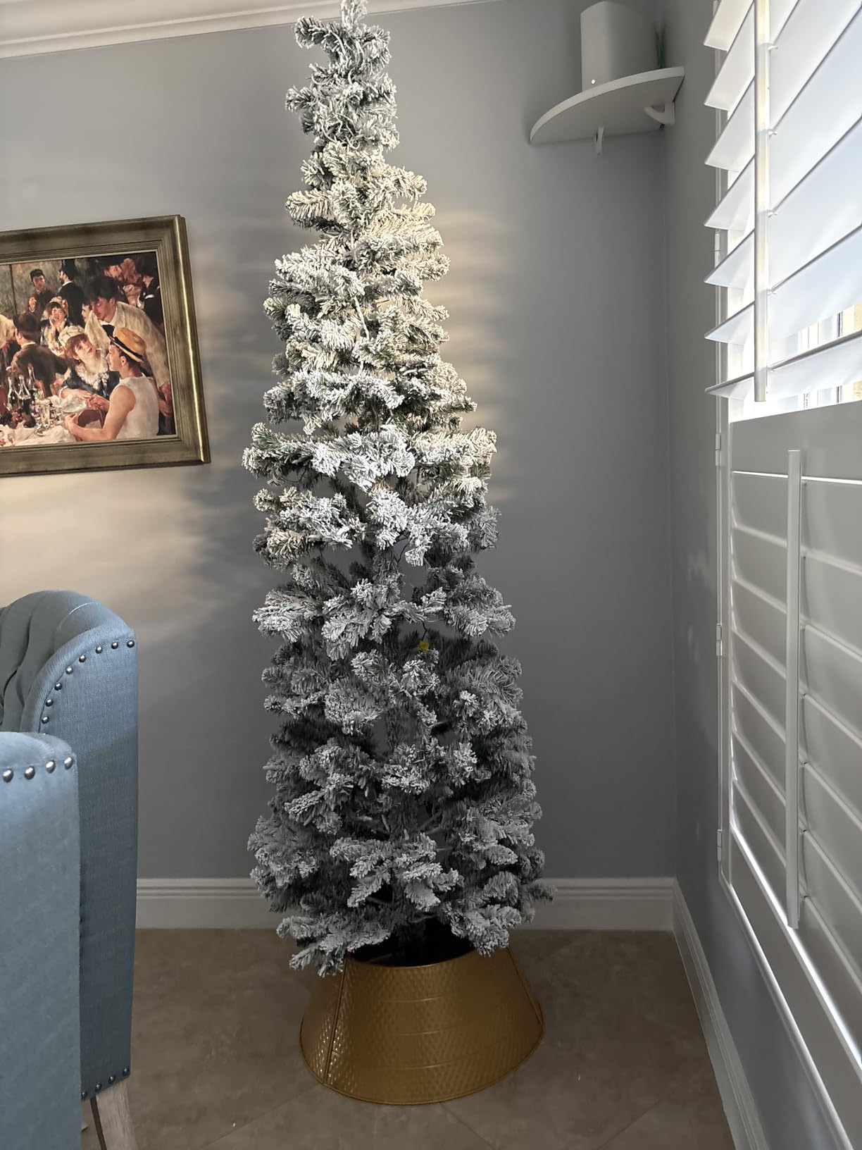 National Tree Company 7.5 ft Pre-Lit Flocked Acacia Slim Artificial Christmas Tree, 350 Clear Lights, 641 Tips, Includes Stand, Green customer photo 2