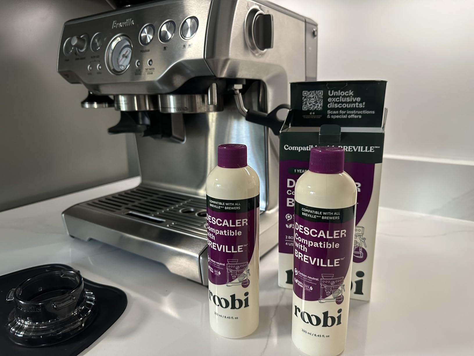 Breville Compatible Descaling Solution. Specially Formulated to Clean & Descale your Breville Espresso Machine. 2 Uses per Bottle, 2 Pack. Eco-Friendly Carbon Neutral Descaler Kit. customer photo 1