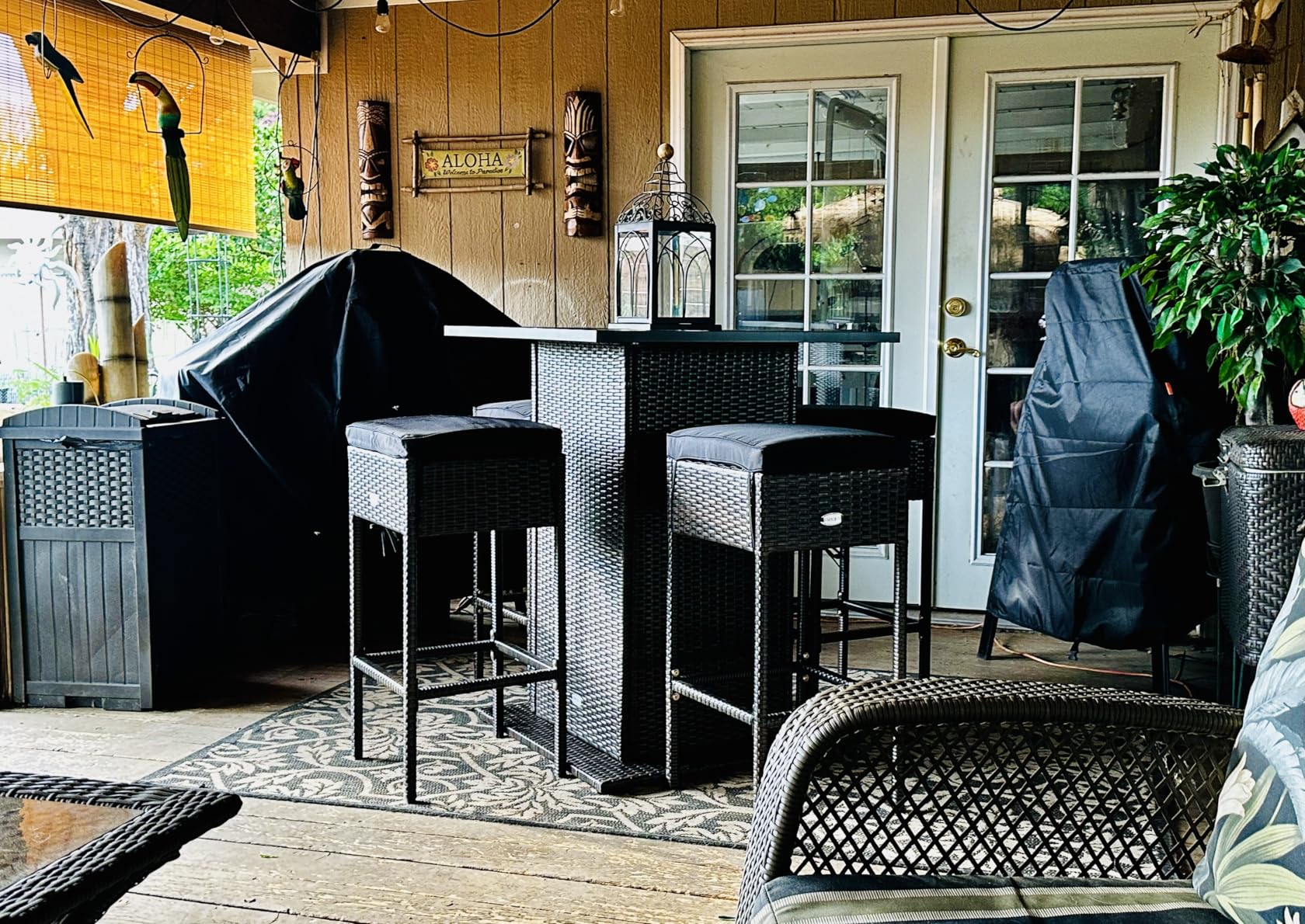 RELAX4LIFE 5-Piece Outdoor Bar Set, Wicker Rattan Bar Height Patio Set w/4 Cushion Bar Stools & Table with Hidden Storage, 5PCS Outdoor High Top Table and Chairs Set for Backyard Poolside (Navy Blue) customer photo 1