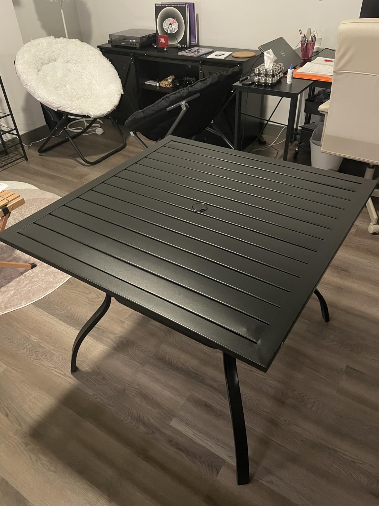 HERA'S HOUSE Outdoor Dining Table for 6, Rectangular Metal Patio Table with Umbrella Hole, 6-Person Weather Resistant Wood-Like Steel Slat Table for Lawn Garden Backyard, L60 xW36 xH29 customer photo 1