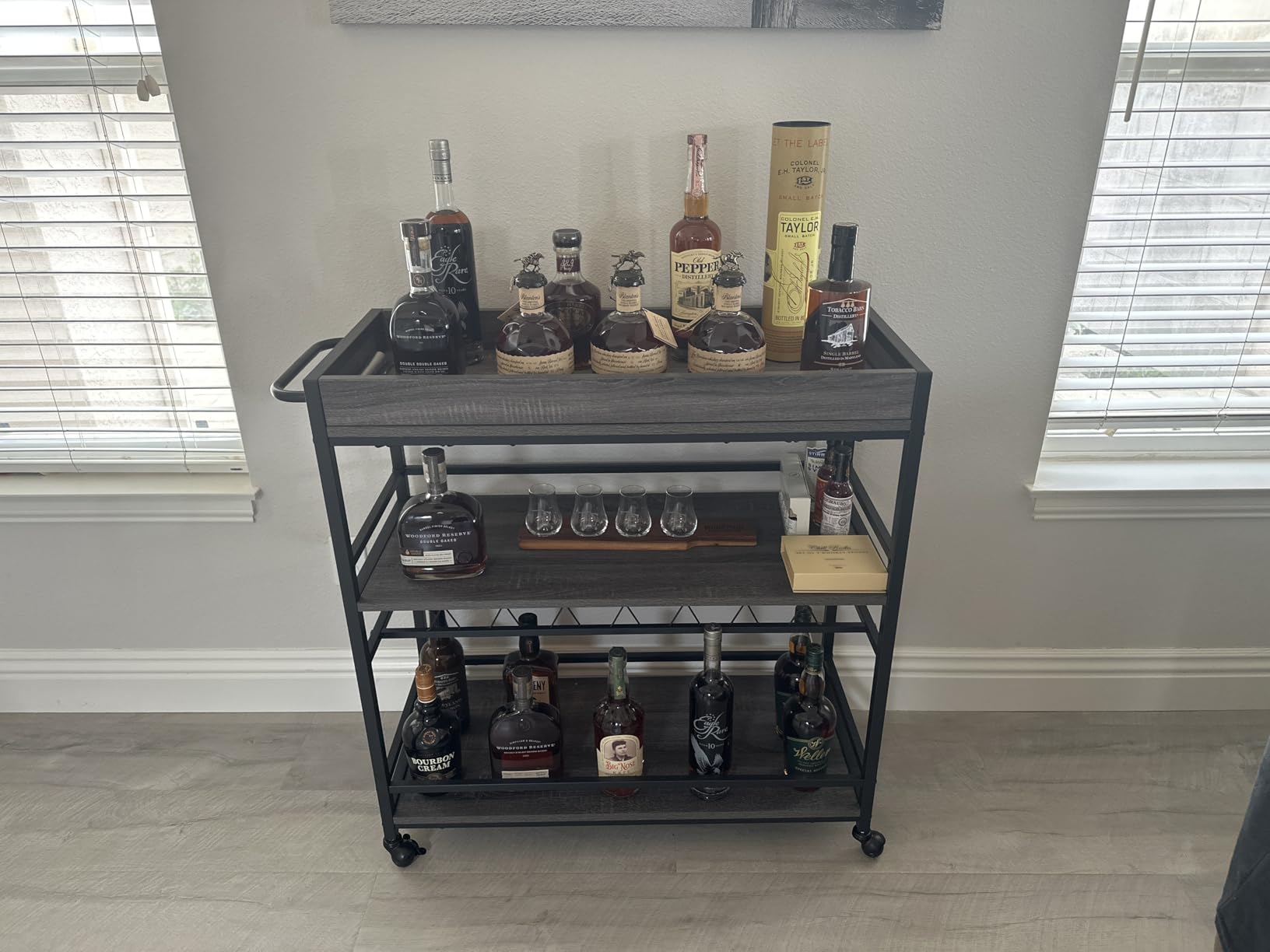 BON AUGURE Bar Cart for The Home, Rolling Home Bar Serving Cart on Wheels, 3 Tier Liquor Beverage Carts with Wine Rack and Glass Holder (Rustic Oak) customer photo 1