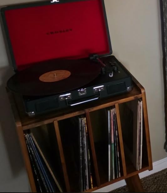 Wooden LP Record Player Stand with 4 Cabinets, Holds up to 100 Vinyls, Metal Record Storage Holder and Organizer Table, Classical Design for Files/Book (Mid-Century Modern) customer photo 1
