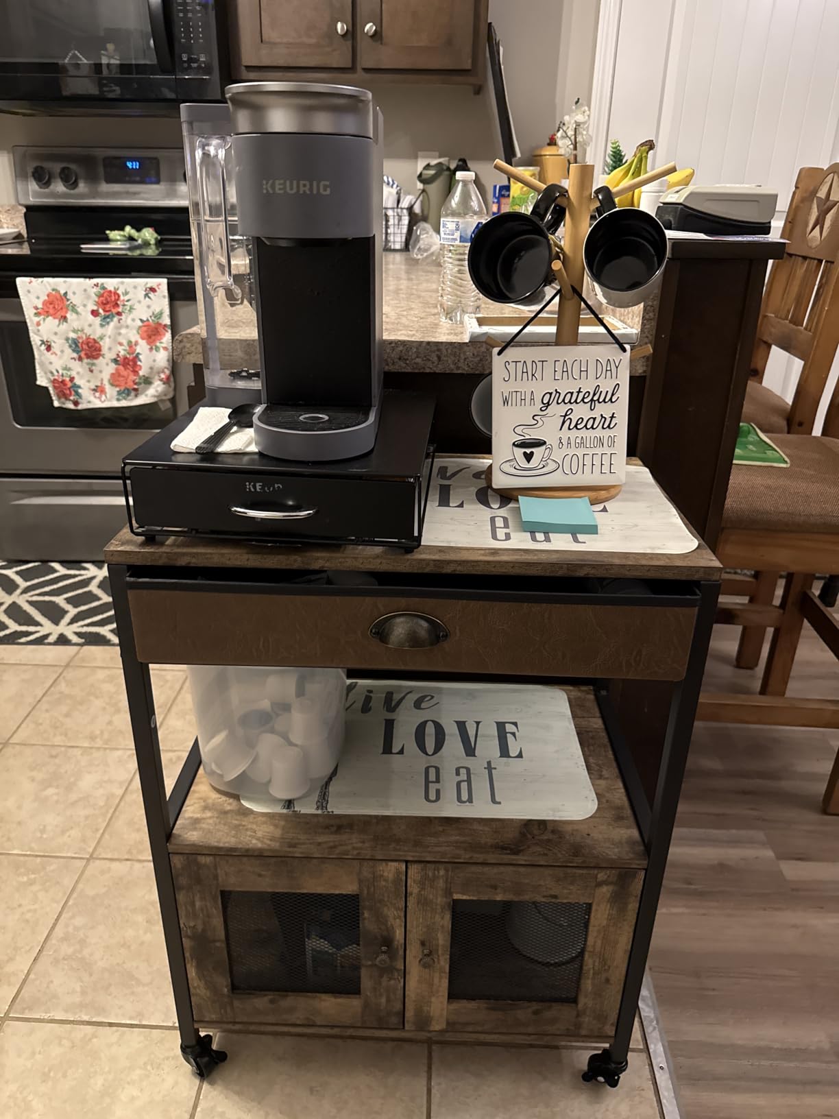 X-cosrack Coffee Bar Cabinet,3 Tiers Kitchen Coffee Cart with Drawer for The Home, Movable Farmhouse Ktichen Station Table on Wheels for Living Room, Entryway, Dining Room, Kitchen customer photo 1