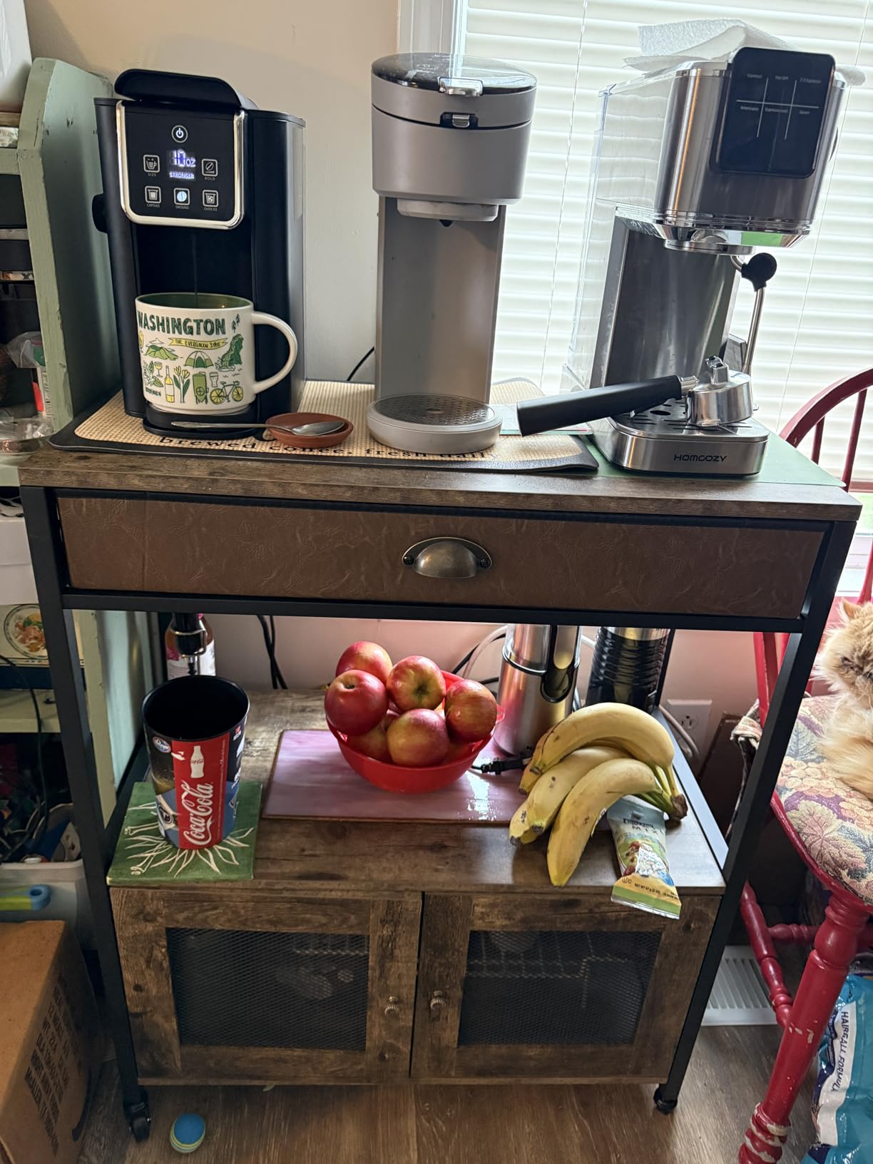 X-cosrack Coffee Bar Cabinet,3 Tiers Kitchen Coffee Cart with Drawer for The Home, Movable Farmhouse Ktichen Station Table on Wheels for Living Room, Entryway, Dining Room, Kitchen customer photo 2
