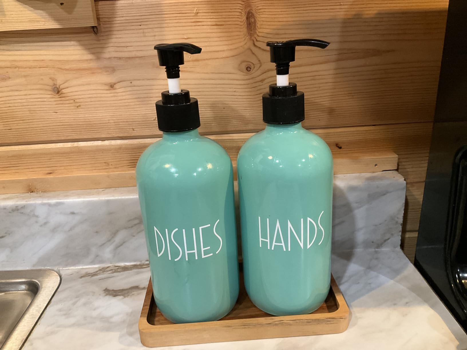 ALELION Glass Dish Soap Dispenser for Kitchen - 16 OZ Hand Soap Dispenser Set with Pump and Acacia Wood Tray - Black White Modern Farmhouse Kitchen Bathroom Decor and Accessories customer photo 2