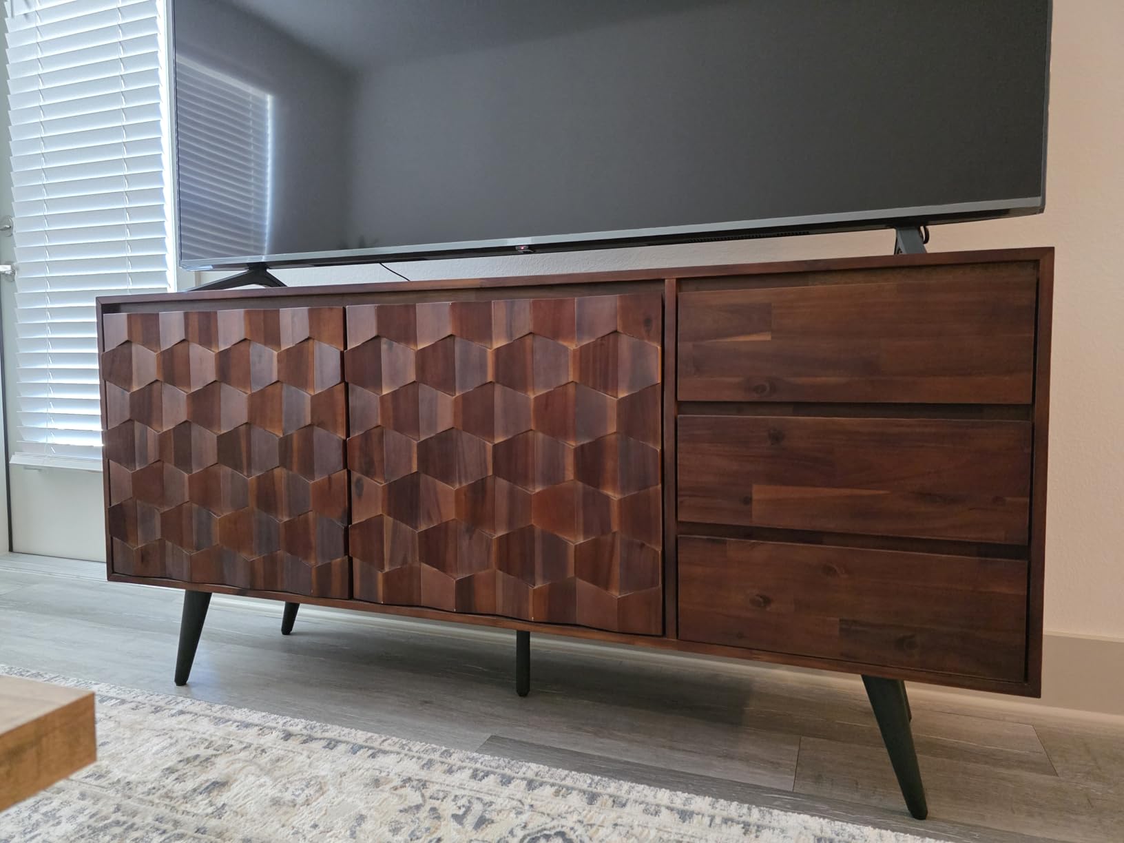 Bme Sideboard Georgina Solid Wood 2 Doors & 3 Drawers, 61'' Mid Century Modern Cabinet with Geometric Pattern for Kitchen, Dining, Living Room, Teak Brown customer photo 2