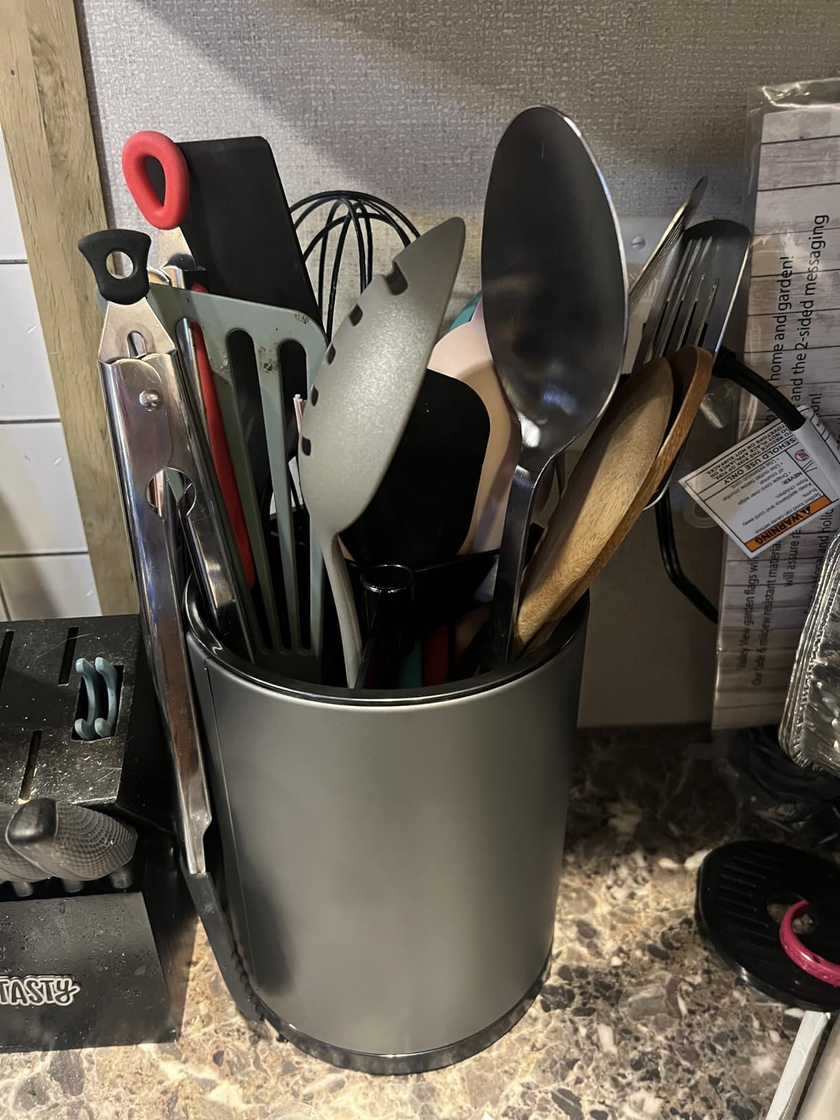 Kitchen Utensil Holder Extra Large 360°Rotating For Counter Organizer Stainless Steel Storage Cooking Silverware Caddy 3 Compartment Flatware Spoon Spatula Tool Cutlery Container (Silvery) customer photo 2