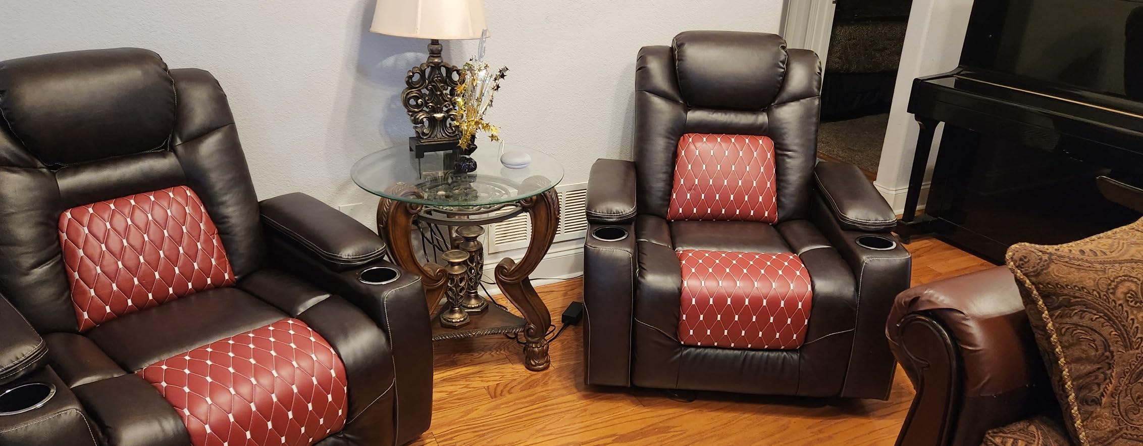 ANJ Electric Power Recliner Chair with Adjustable Powered Headrest, Faux Leather Home Theater Seating Overstuffed Reclining Furniture with USB Ports, Cup Holders, Hidden Arm Storage (Black/Red) customer photo 1
