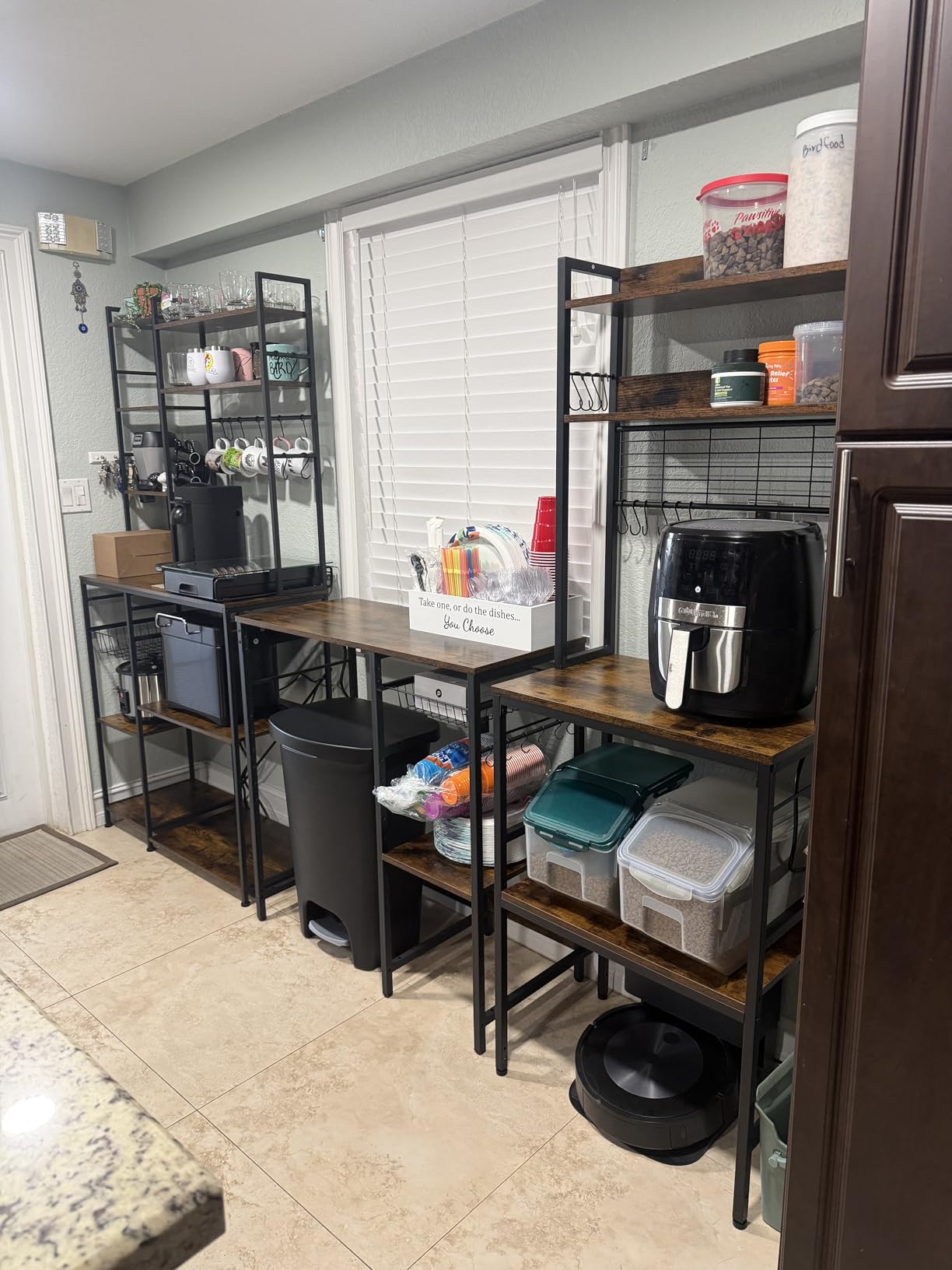 VASAGLE Bakers Rack with Power Outlet, Microwave Stand, Kitchen Tall Utility Storage Shelf, with Metal Wire Panel, 14 Hooks, 15.7 x 23.6 x 66.9 Inches, Rustic Brown and Ink Black UKKS037B01 customer photo 1
