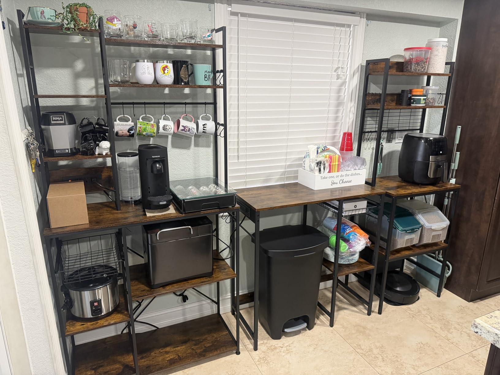 VASAGLE Bakers Rack with Power Outlet, Microwave Stand, Kitchen Tall Utility Storage Shelf, with Metal Wire Panel, 14 Hooks, 15.7 x 23.6 x 66.9 Inches, Rustic Brown and Ink Black UKKS037B01 customer photo 2