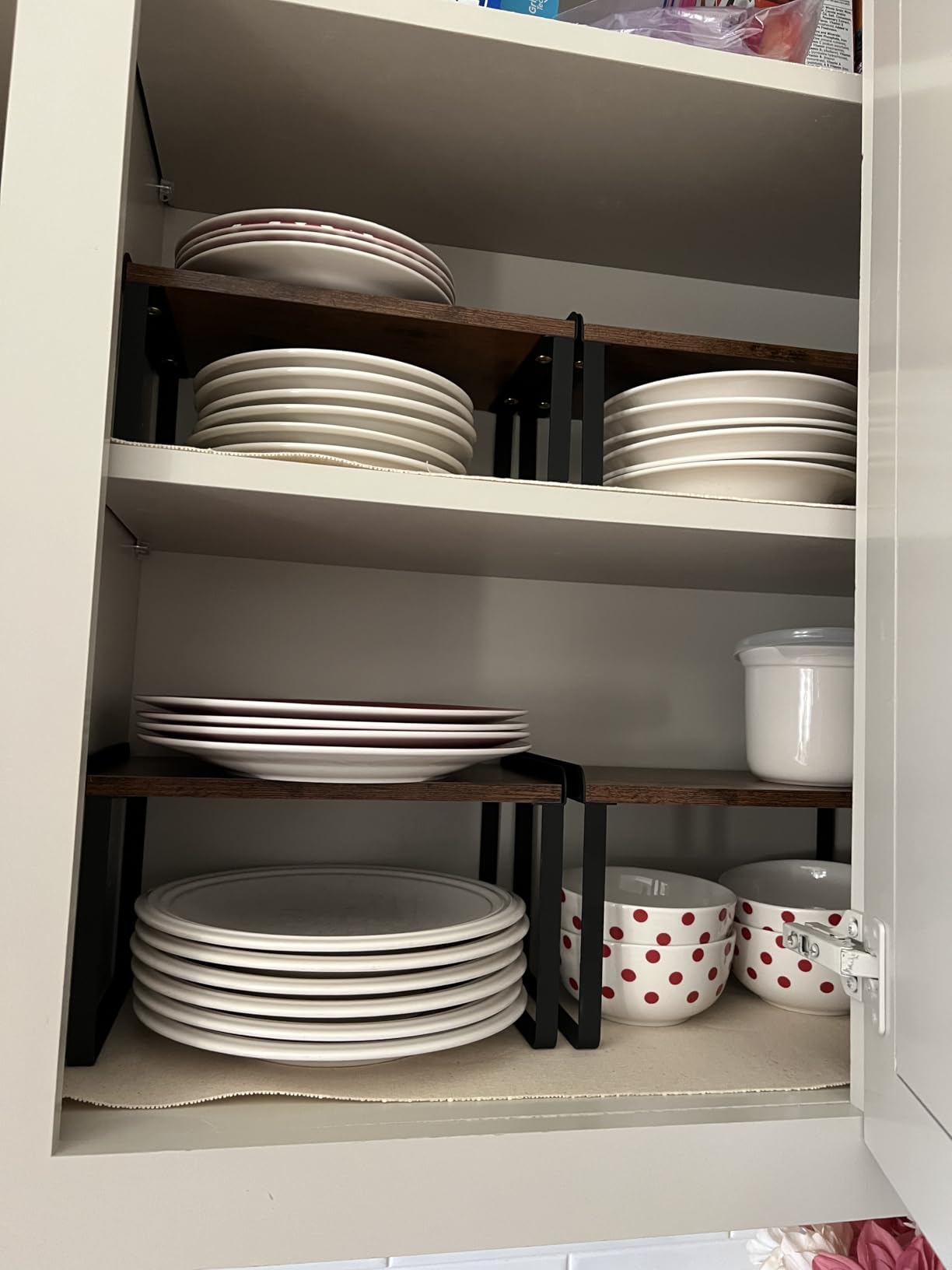Kitchen Cabinet Organizer Shelf Set of 4, Pantry Organizers and Storage Shelves for Plates Dishes Cups Mugs, Cupboard Counter Cabinet Shelf Riser for Countertop (Bamboo Wood and Black Metal) customer photo 1