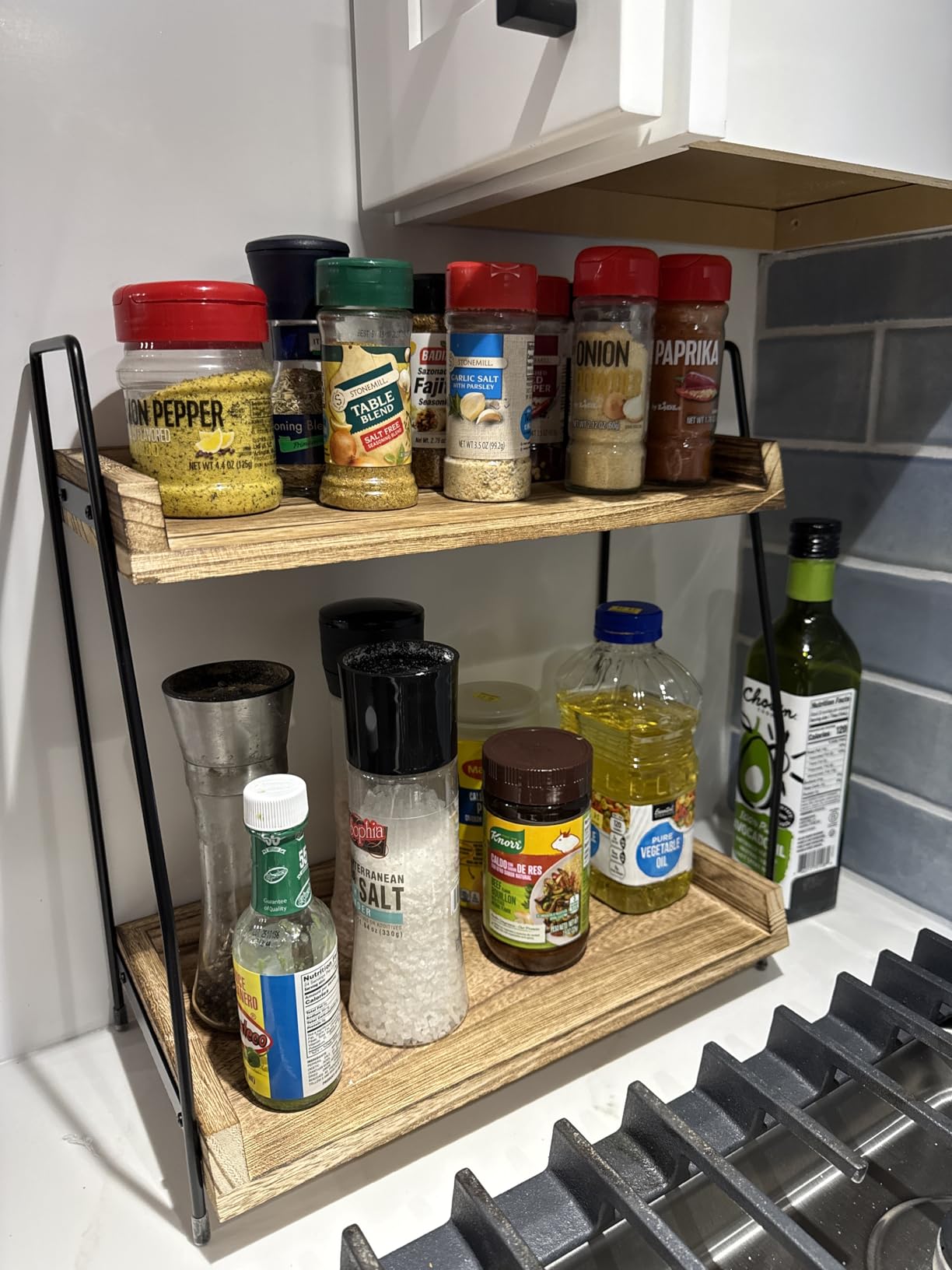 Countertop Coffee Station Organizer, 2 Tier Wooden Shelf for Coffee Bar Accessories, Condiment Storage Caddy for Kitchen, Home, Office - Brown customer photo 2