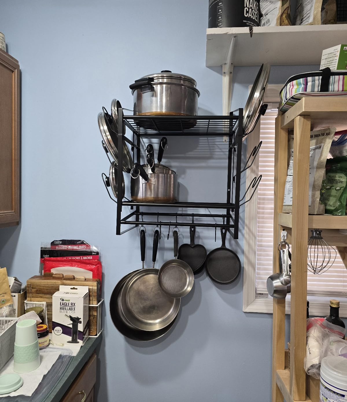 28 Inch Pot Rack Wall Mounted, 2 Tier Pots and Pans Organizer with 20 Hooks and 6 Pot Lid Holders, Heavy Duty Steel Pot and Pan Hanger for Kitchen Cookware Utensils Storage 34.7
