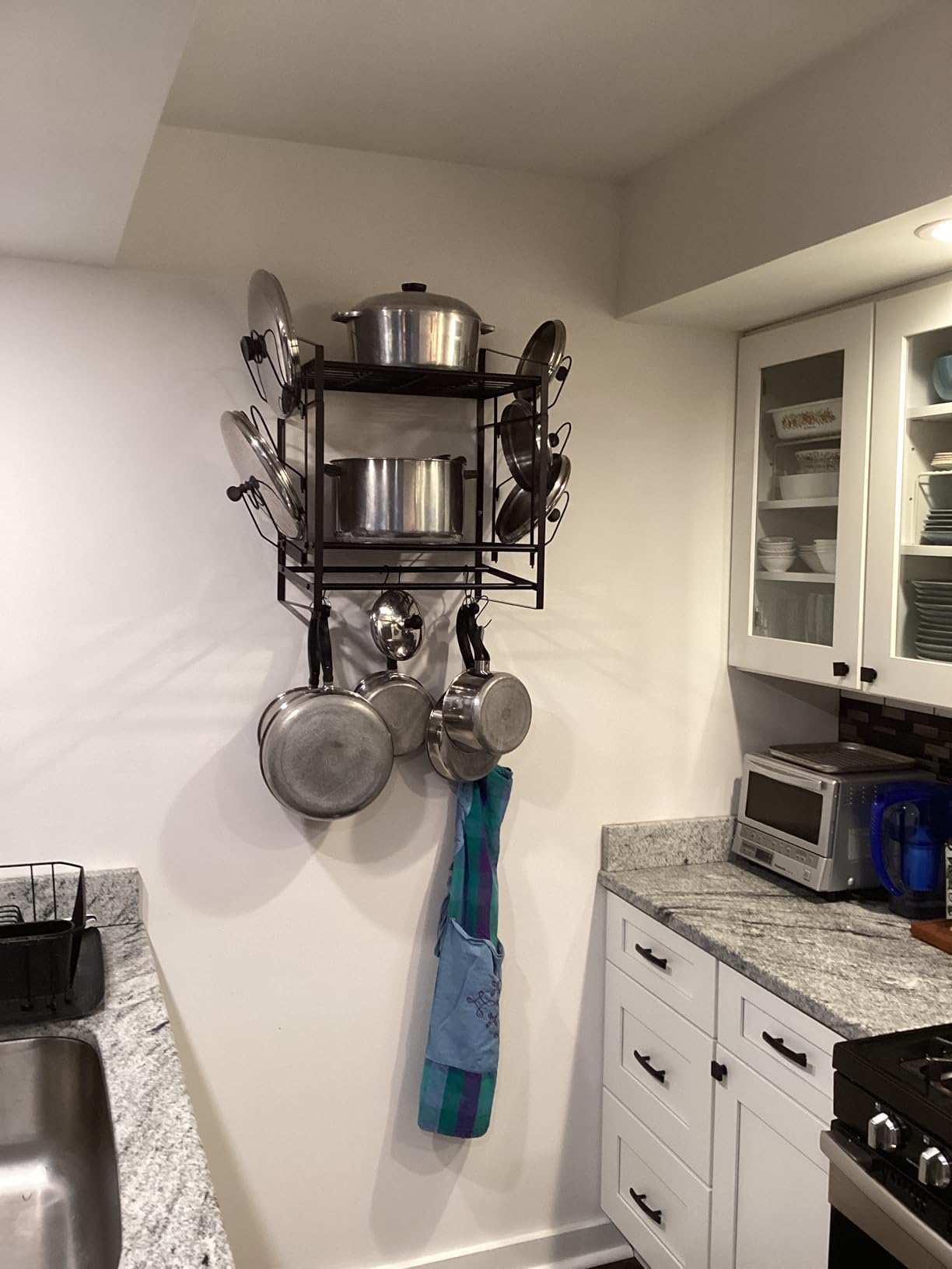 28 Inch Pot Rack Wall Mounted, 2 Tier Pots and Pans Organizer with 20 Hooks and 6 Pot Lid Holders, Heavy Duty Steel Pot and Pan Hanger for Kitchen Cookware Utensils Storage 34.7