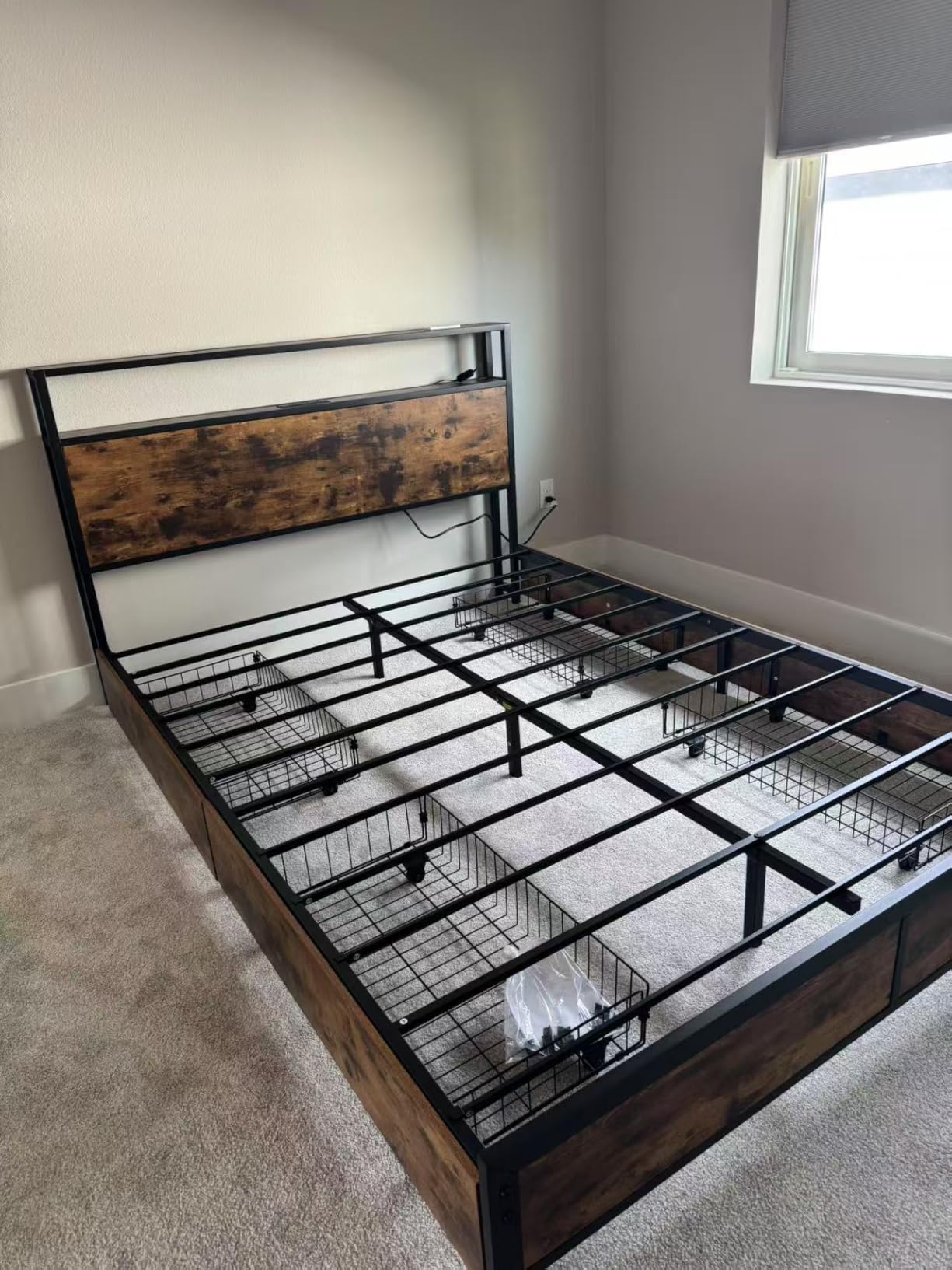 Lifezone Queen Bed Frame with 2-Tier Storage Headboard, Metal Platform Bed Frame with 4 Storage Drawers, Built in Charging Station & LED, Noise-Free/Metal Support/No Box Spring Needed, Vintage Brown customer photo 1
