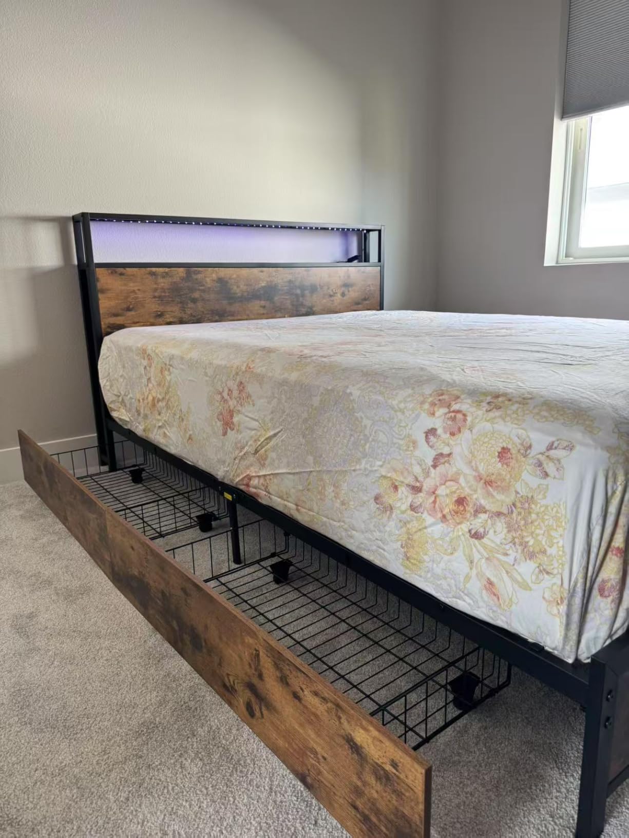 Lifezone Queen Bed Frame with 2-Tier Storage Headboard, Metal Platform Bed Frame with 4 Storage Drawers, Built in Charging Station & LED, Noise-Free/Metal Support/No Box Spring Needed, Vintage Brown customer photo 2