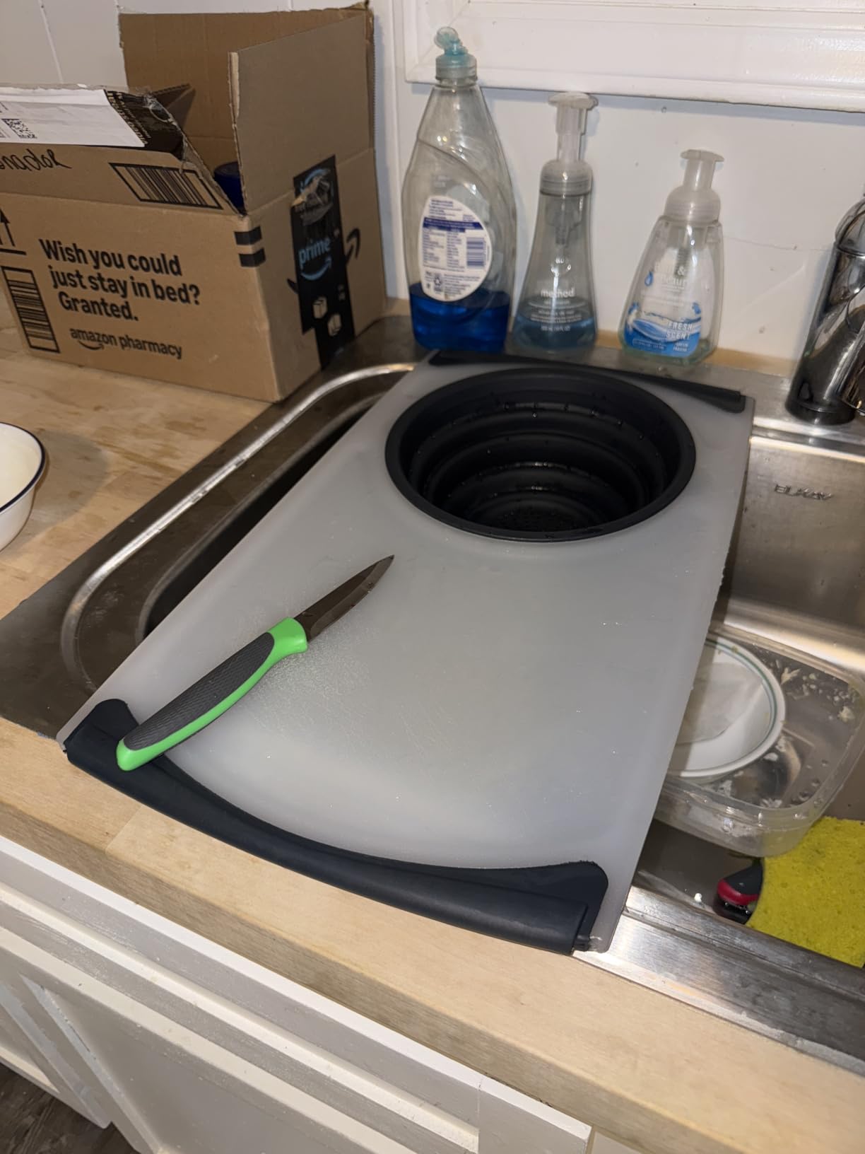 Dexas Over the Sink PolyFiber Flax Cutting Board with Collapsible Colander Strainer, 11.5 x 20