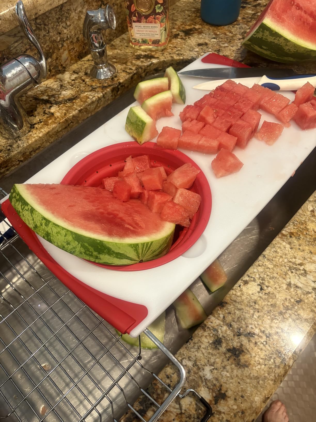Dexas Over the Sink PolyFiber Flax Cutting Board with Collapsible Colander Strainer, 11.5 x 20
