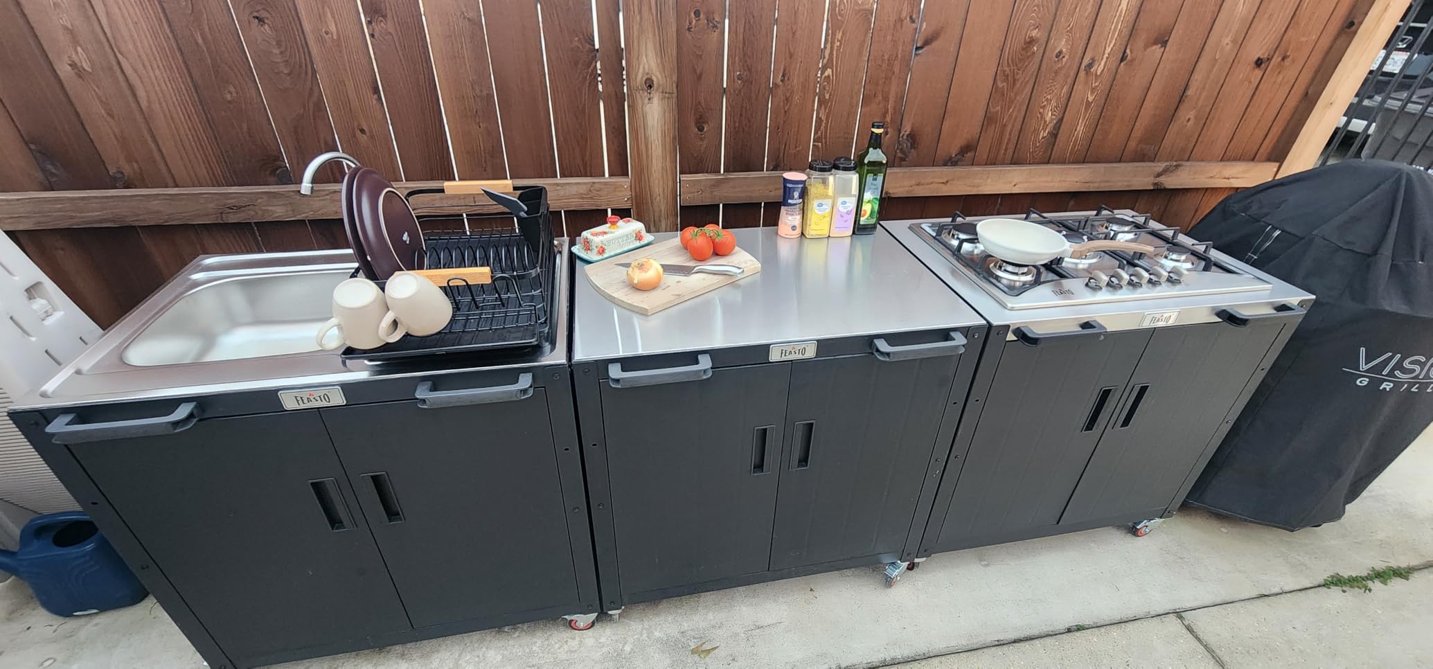 Outdoor Kitchen Island with Stainless Steel Sink and Storage Cabinet, 35-Inch BBQ Prep Station with Faucet & Lockable Wheels for Patio, Backyard, and Outdoor Cooking, Black & Silver customer photo 1