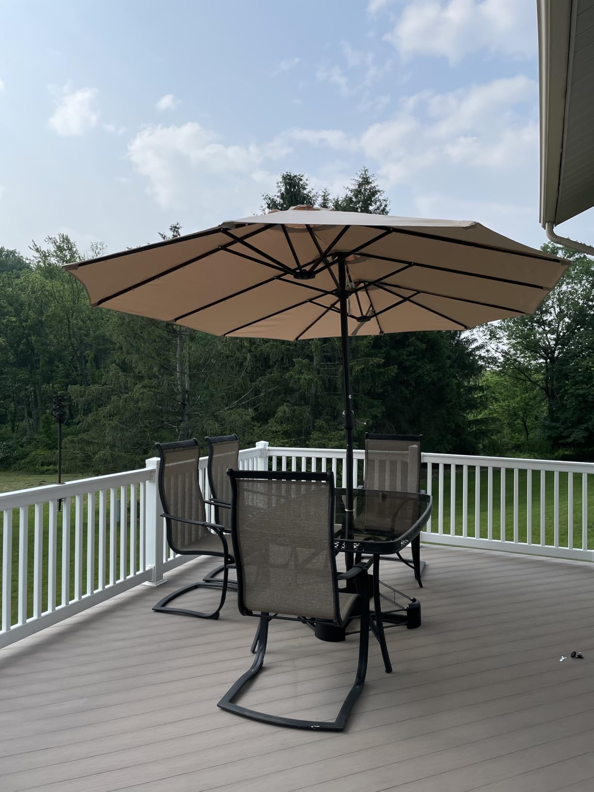 HOMSHADE Double Sided Patio Umbrellas - 15ft Solar Lights LED Lighted Outdoor Extra Large Market Table Umbrella with Base Included, Oversized Umbrella for Deck, Pool, Backyard (Beige) customer photo 1