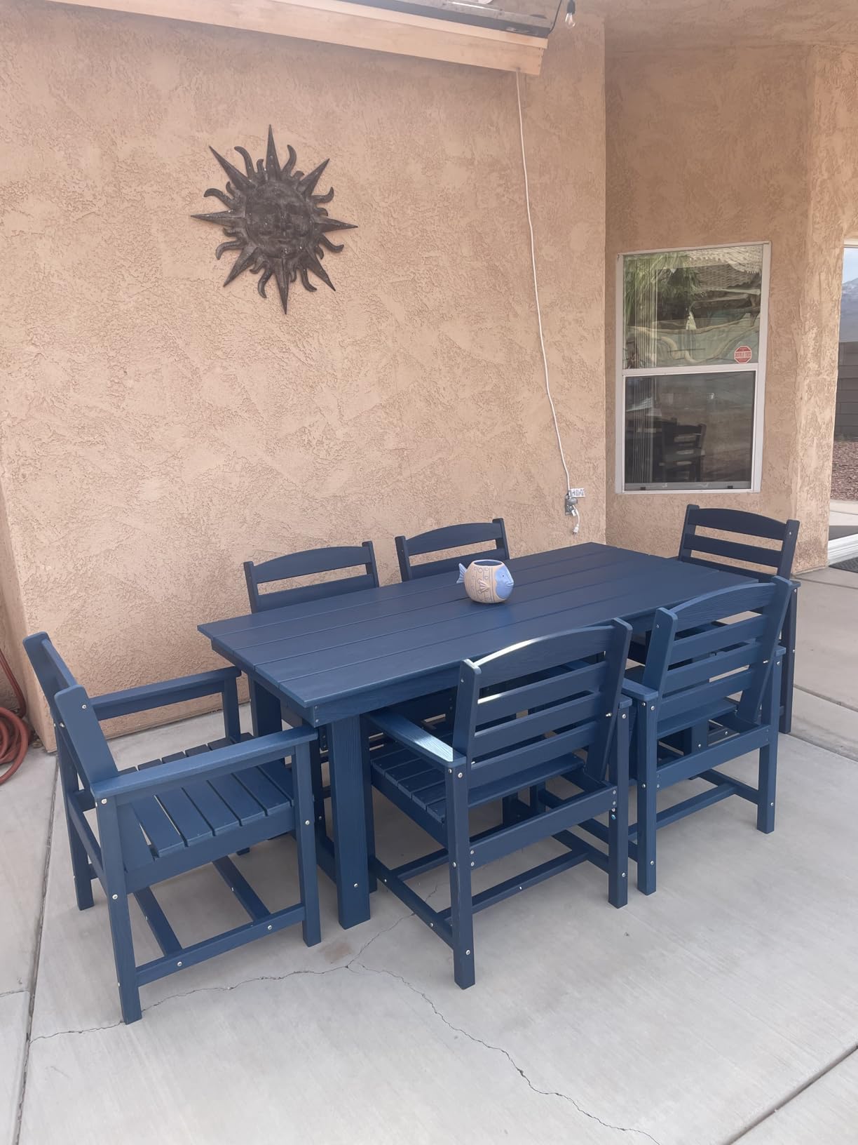 SERWALL 7-Piece Patio Dining Table Sets, Outdoor HDPE Dining Furniture Set with Umbrella Hole Cut-Out Table and 6 Chairs, Blue customer photo 1