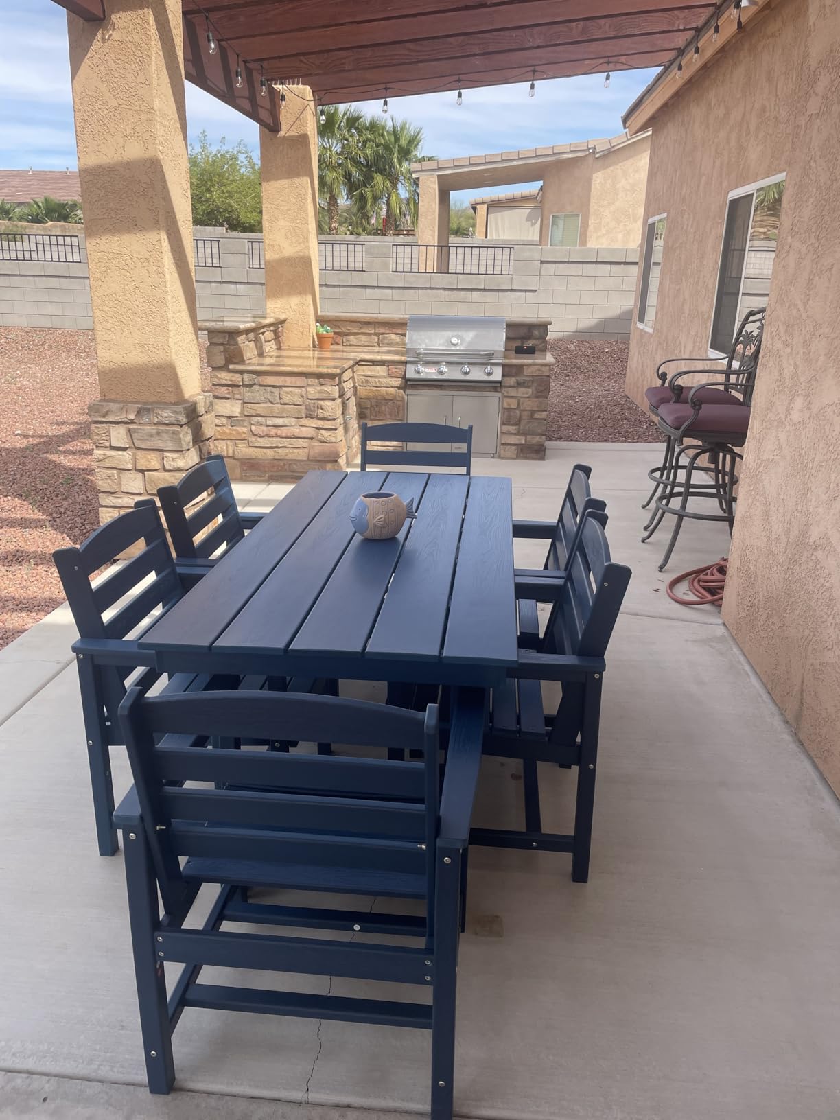 SERWALL 7-Piece Patio Dining Table Sets, Outdoor HDPE Dining Furniture Set with Umbrella Hole Cut-Out Table and 6 Chairs, Blue customer photo 2
