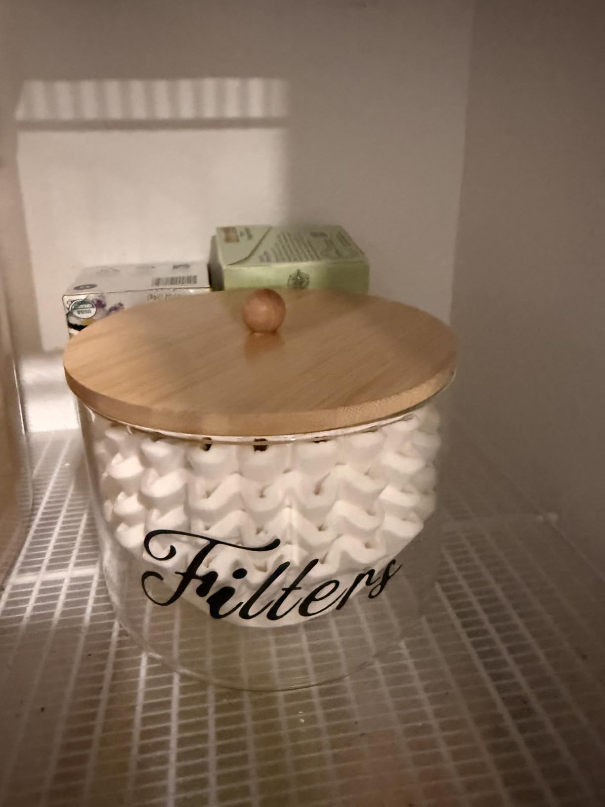 Coffee Filter Holder with Bamboo Lid, Glass Large Coffee Pod Holder for Counter, Clear Coffee Filter Dispenser Basket, K Cup Countertop Storage Container for Kitchen Cafe Bar Accessories customer photo 2