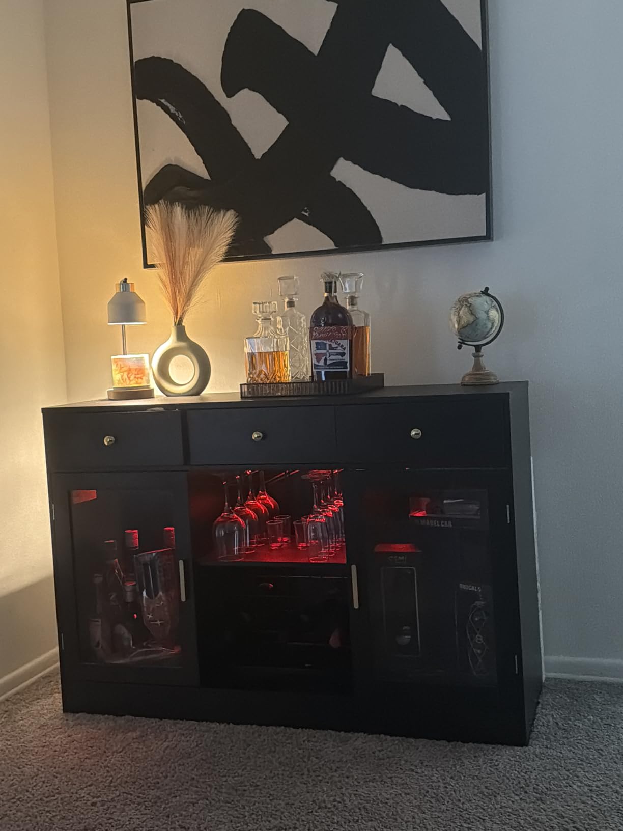 Bar Cabinet for Home with LED Light, Coffee Bar Cabinet with Wine & Glass Rack, Wine Cabinets with Drawers & Microwave Stand, Modern Liquor Cabinets for Kitchen, Living Room, Dining Room (Black) customer photo 2