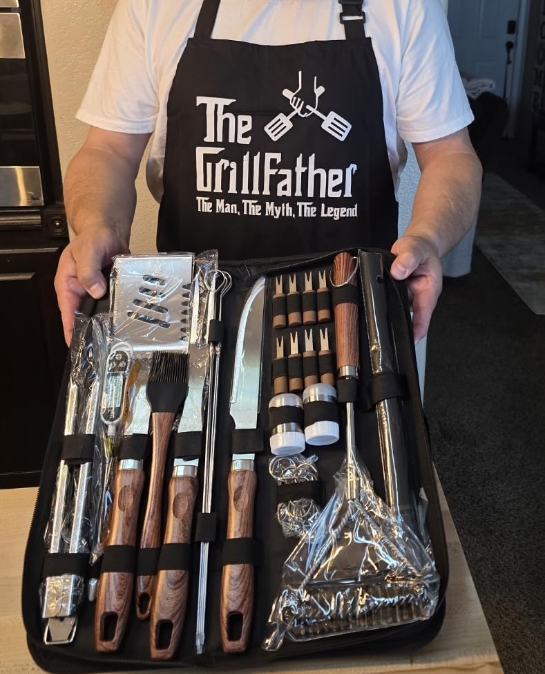 31pcs BBQ Grill Accessories Gifts for Men Dad, Heavy Duty Grilling Tools Gift Set for Father's Day, Stainless Steel BBQ Utensils Kit with Mats, Grill Brush in Carrying Bag Brown customer photo 1