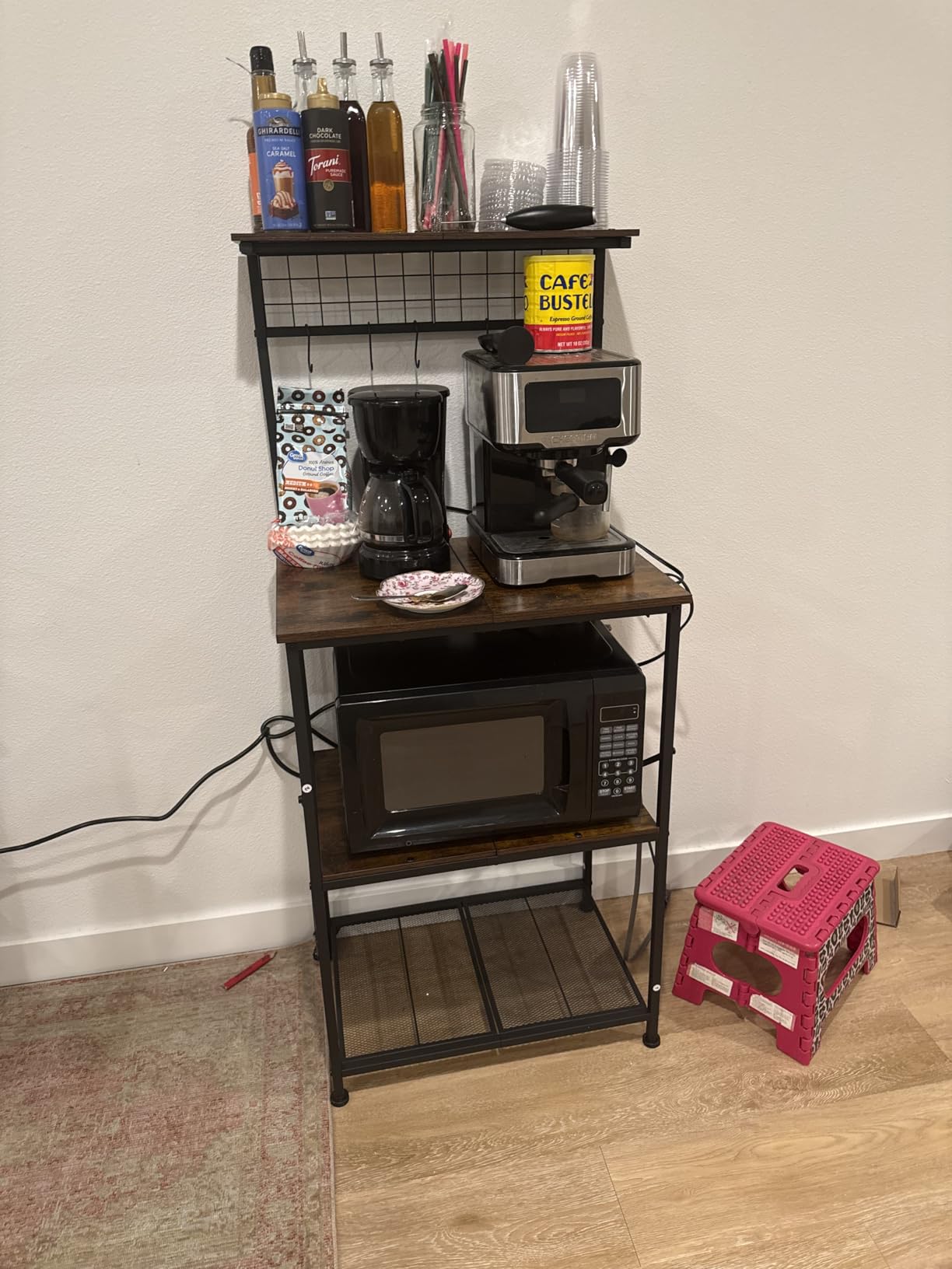 Furologee Kitchen Bakers Rack with Power Outlet, Microwave Oven Stand with Storage 4 Tiers, Coffee Bar Table with 6 S Hooks, Kitchen Storage Shelf Rack for Spices, Pots, Rustic Brown customer photo 1