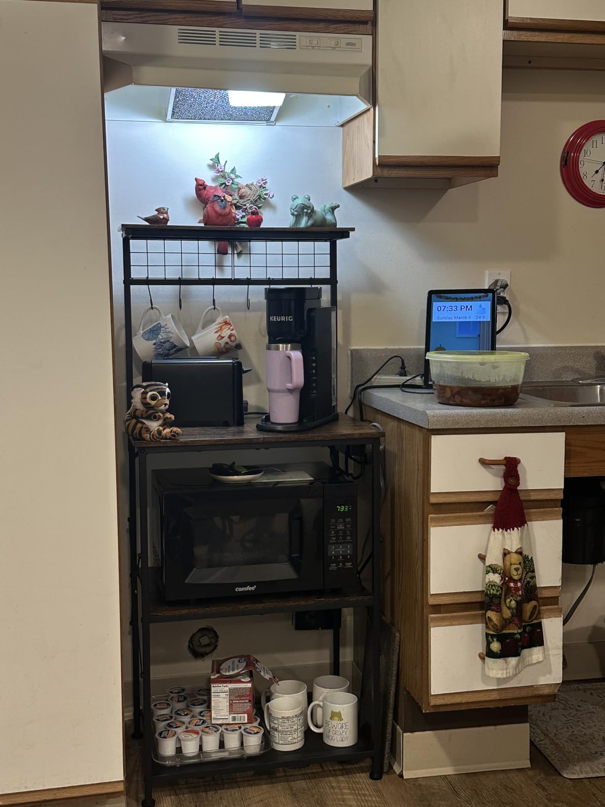 Furologee Kitchen Bakers Rack with Power Outlet, Microwave Oven Stand with Storage 4 Tiers, Coffee Bar Table with 6 S Hooks, Kitchen Storage Shelf Rack for Spices, Pots, Rustic Brown customer photo 2